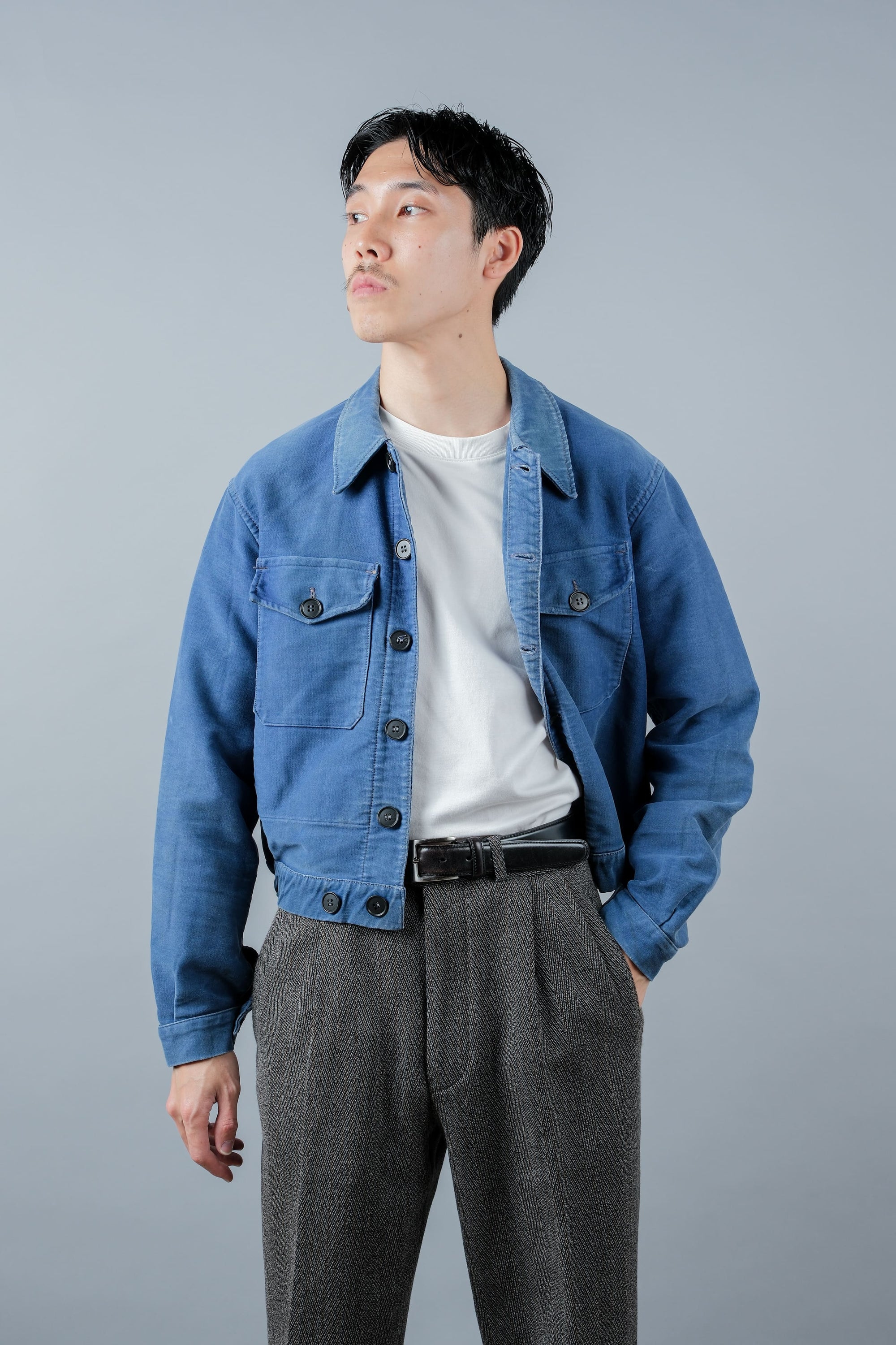 【~50’s】French Vintage Blue Moleskin Cyclist Jacket "Le Mont St. Michel"