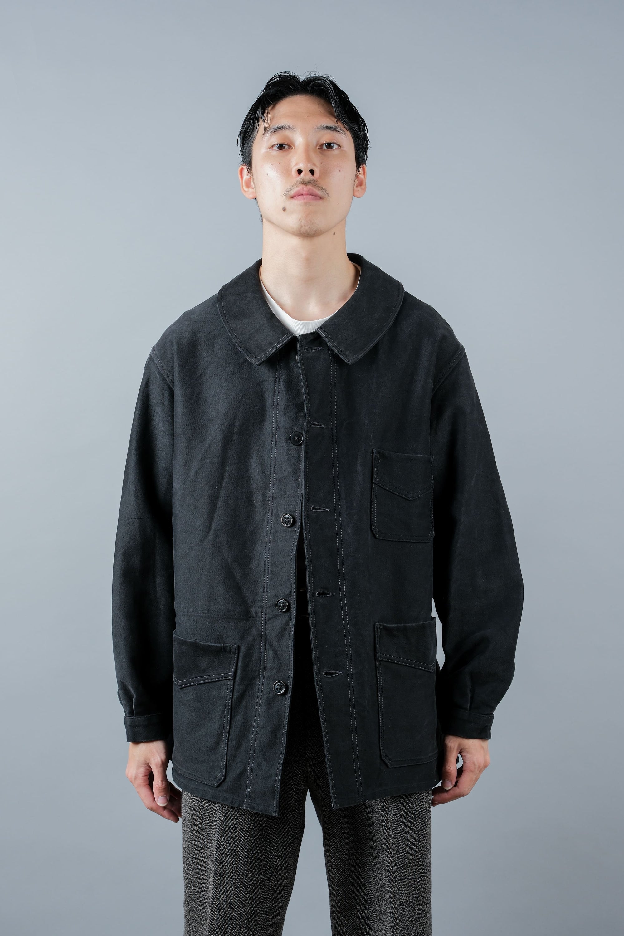 ［~30’s］French Vintage Black Moleskin Work Jacket "Le Mont St. Michel"
