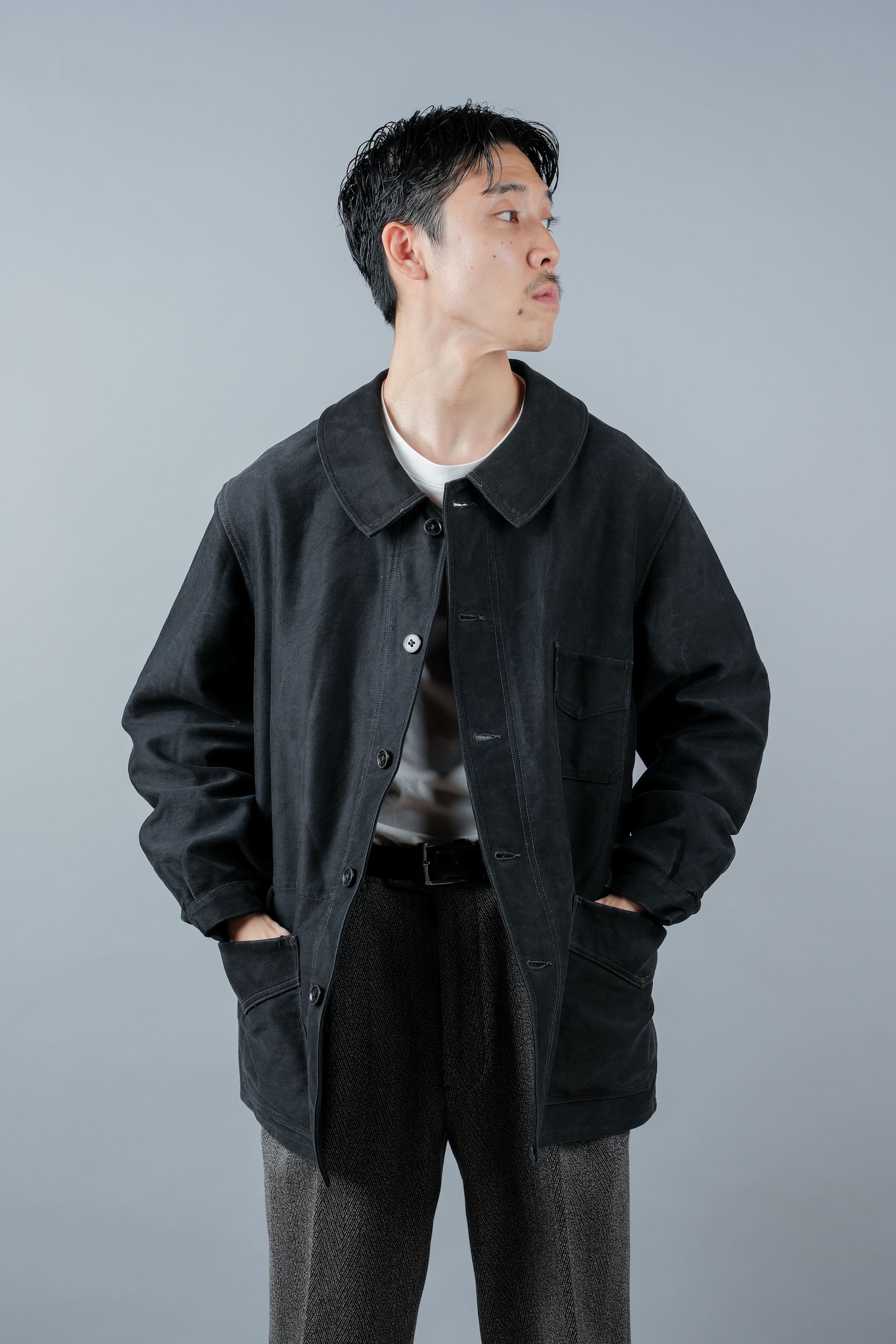 ［~30’s］French Vintage Black Moleskin Work Jacket "Le Mont St. Michel"