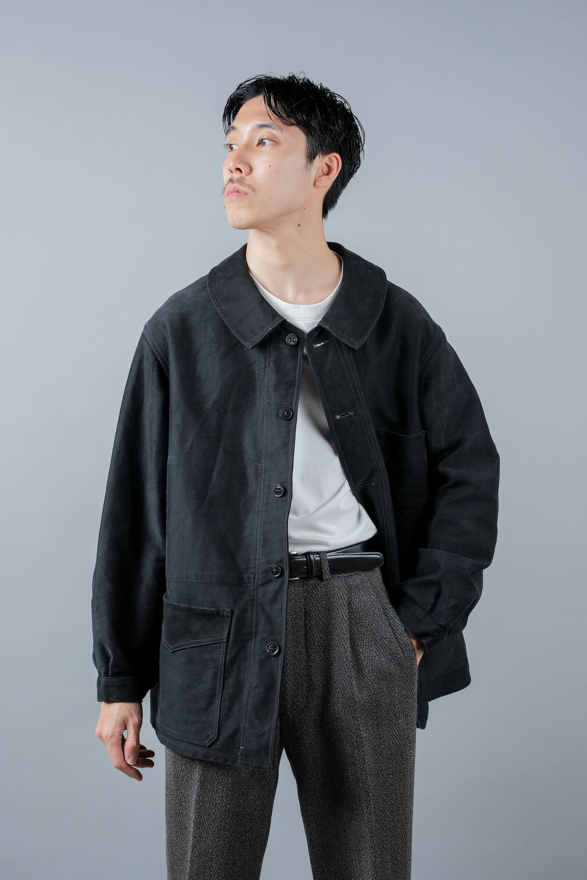 ［~30’s］French Vintage Black Moleskin Work Jacket "Le Mont St. Michel"