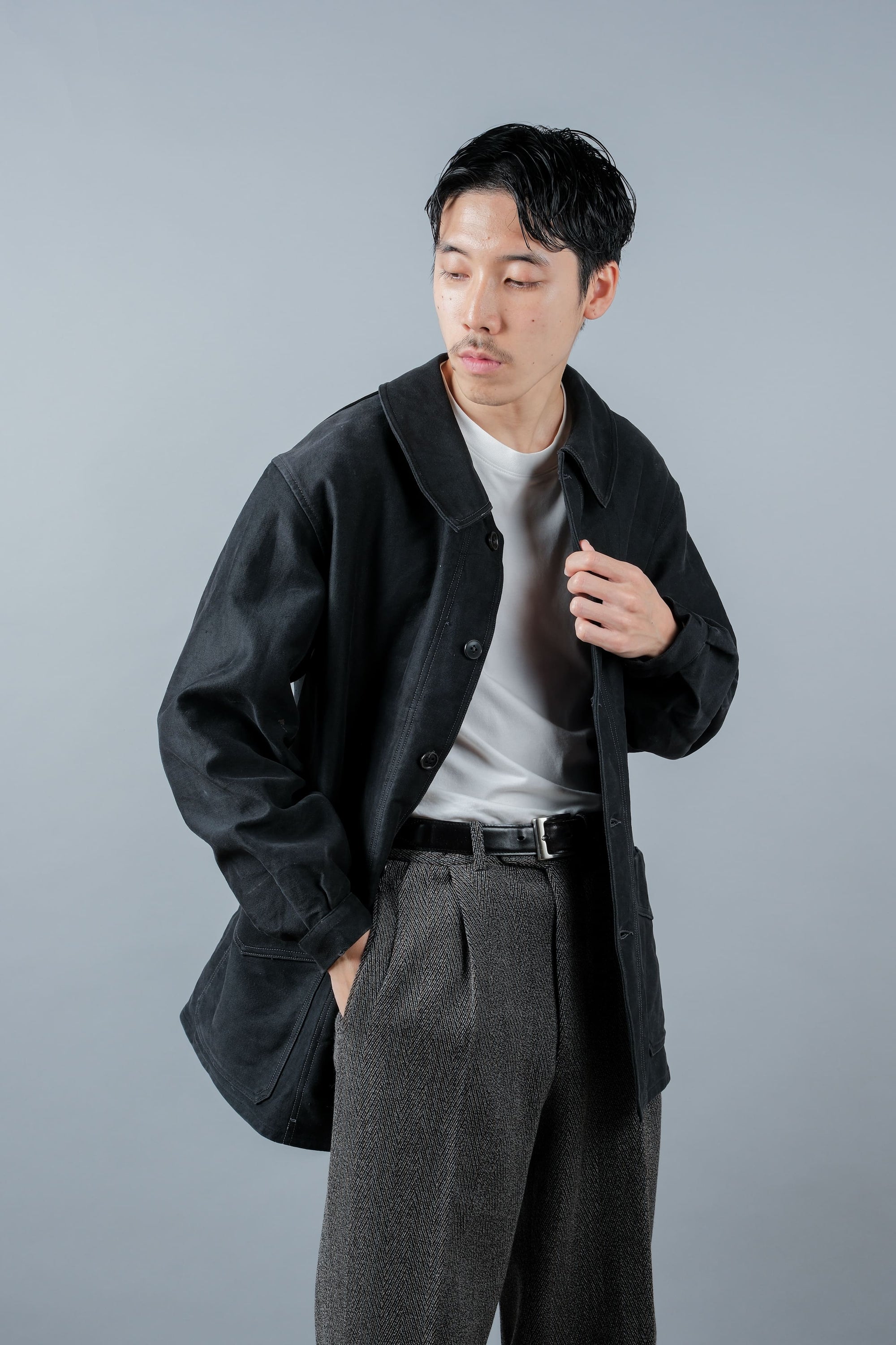 ［~30’s］French Vintage Black Moleskin Work Jacket "Le Mont St. Michel"