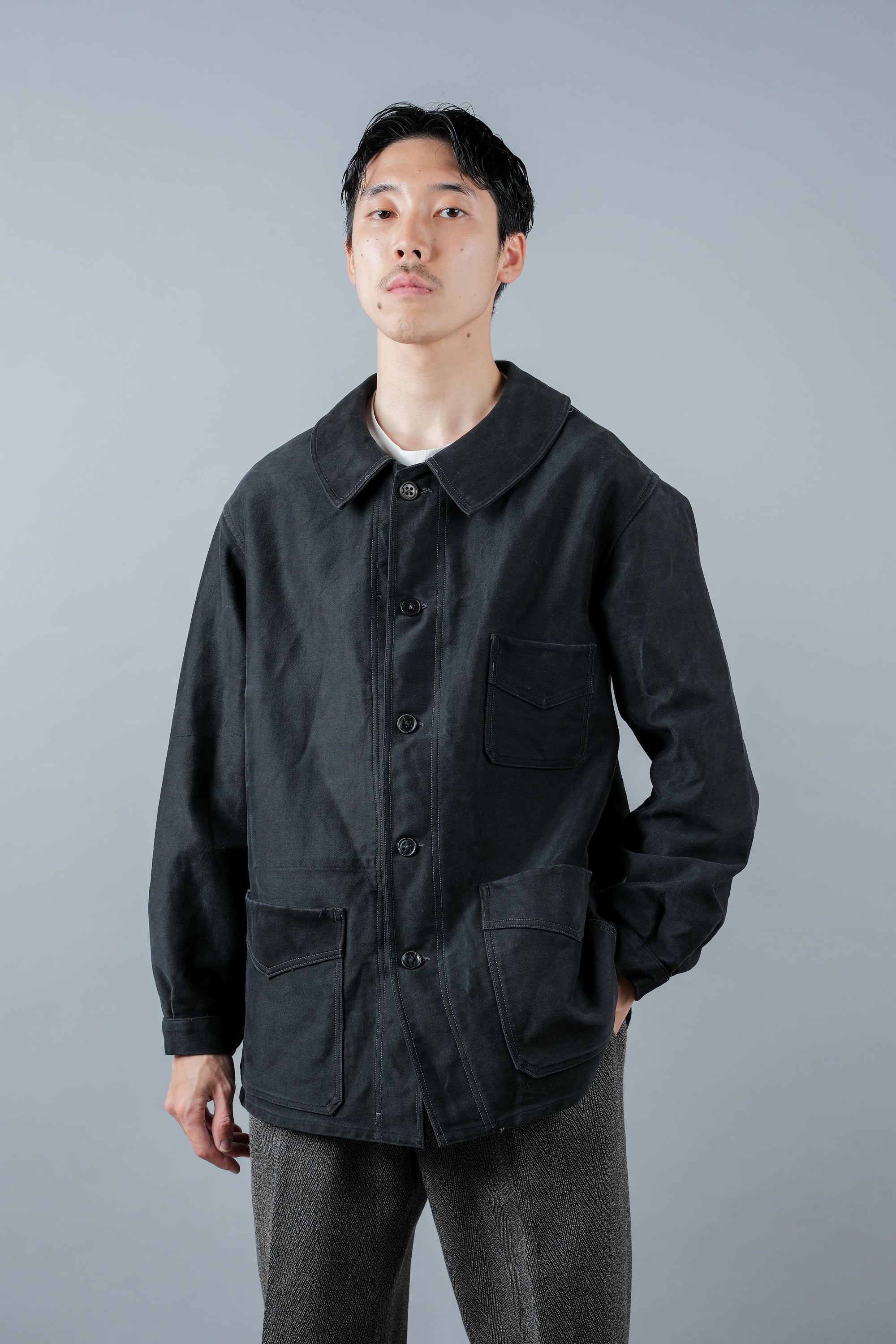 ［~30’s］French Vintage Black Moleskin Work Jacket "Le Mont St. Michel"