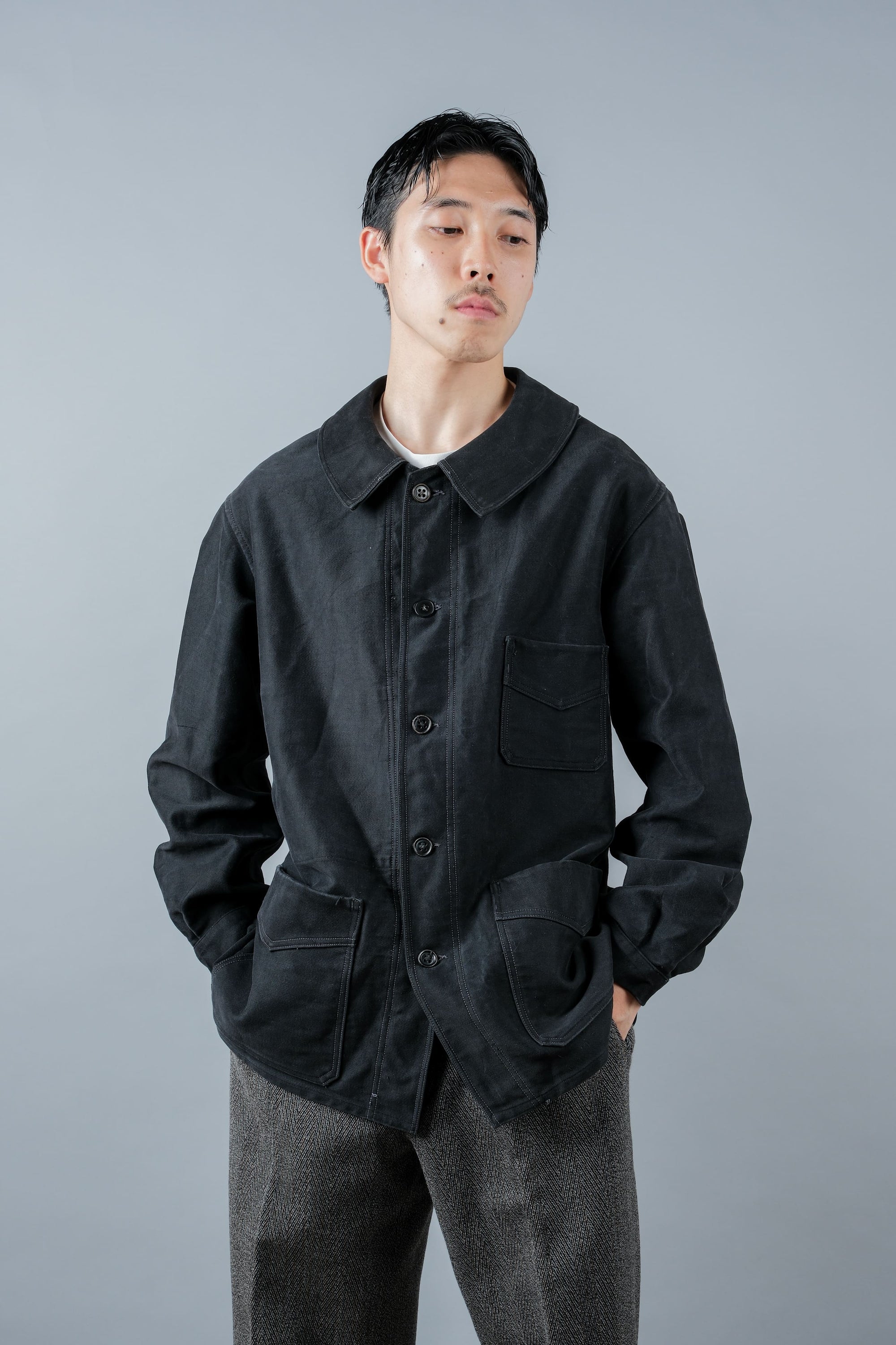 ［~30’s］French Vintage Black Moleskin Work Jacket "Le Mont St. Michel"