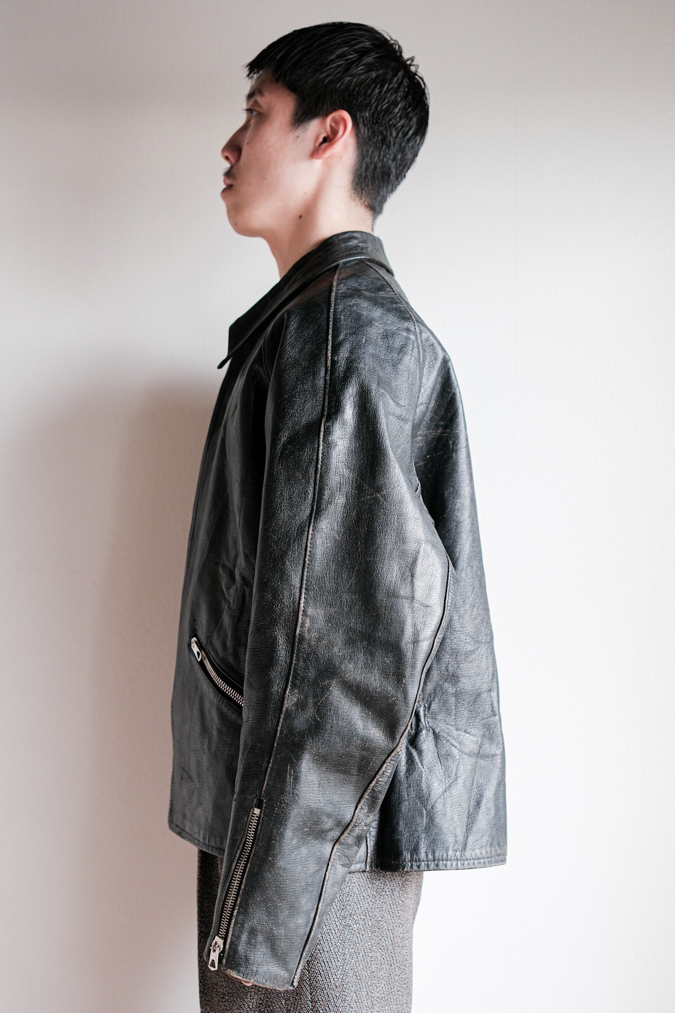 60's】Italian Army Motorcycle Leather Jacket 