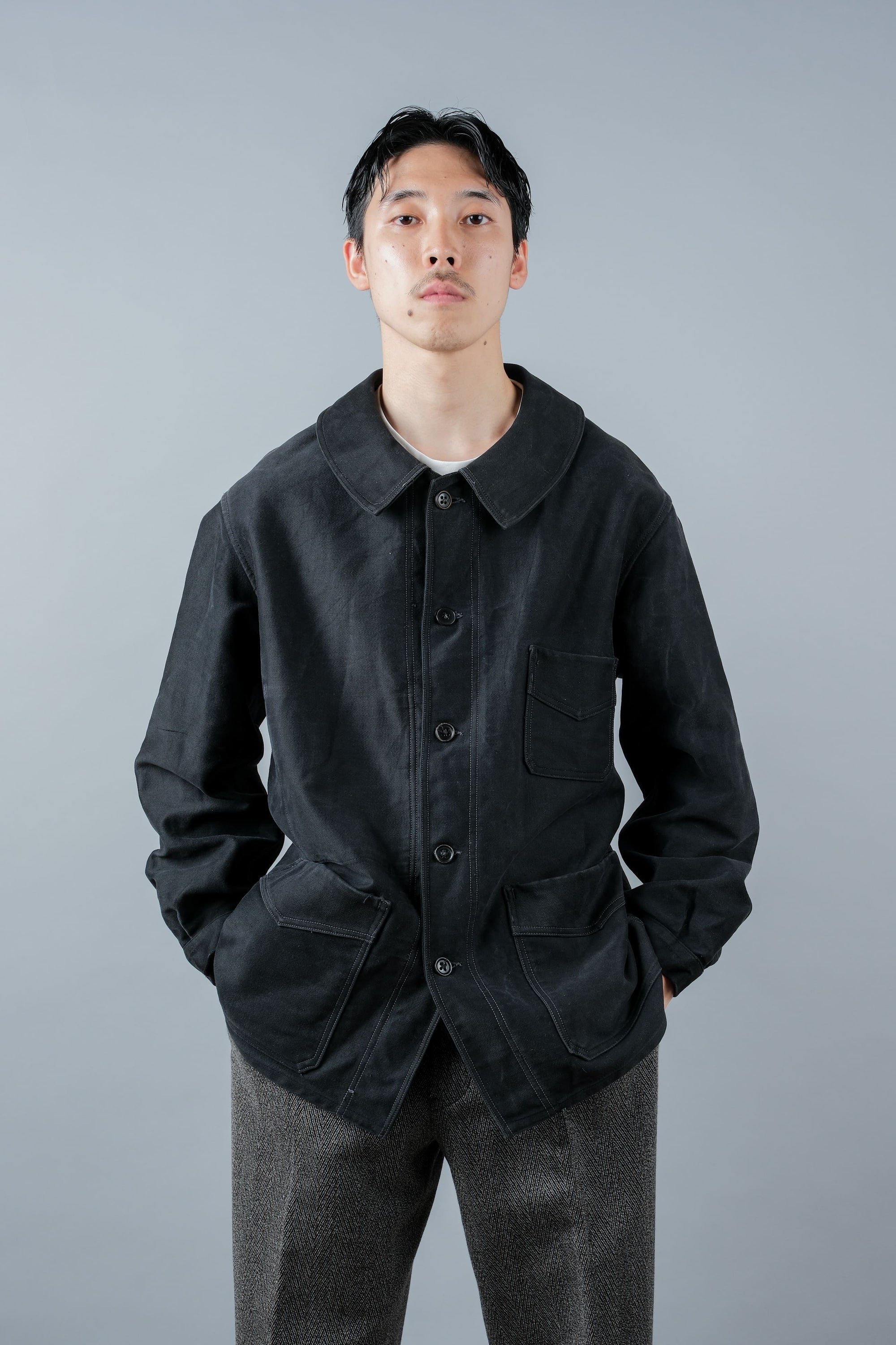 ［~30’s］French Vintage Black Moleskin Work Jacket "Le Mont St. Michel"