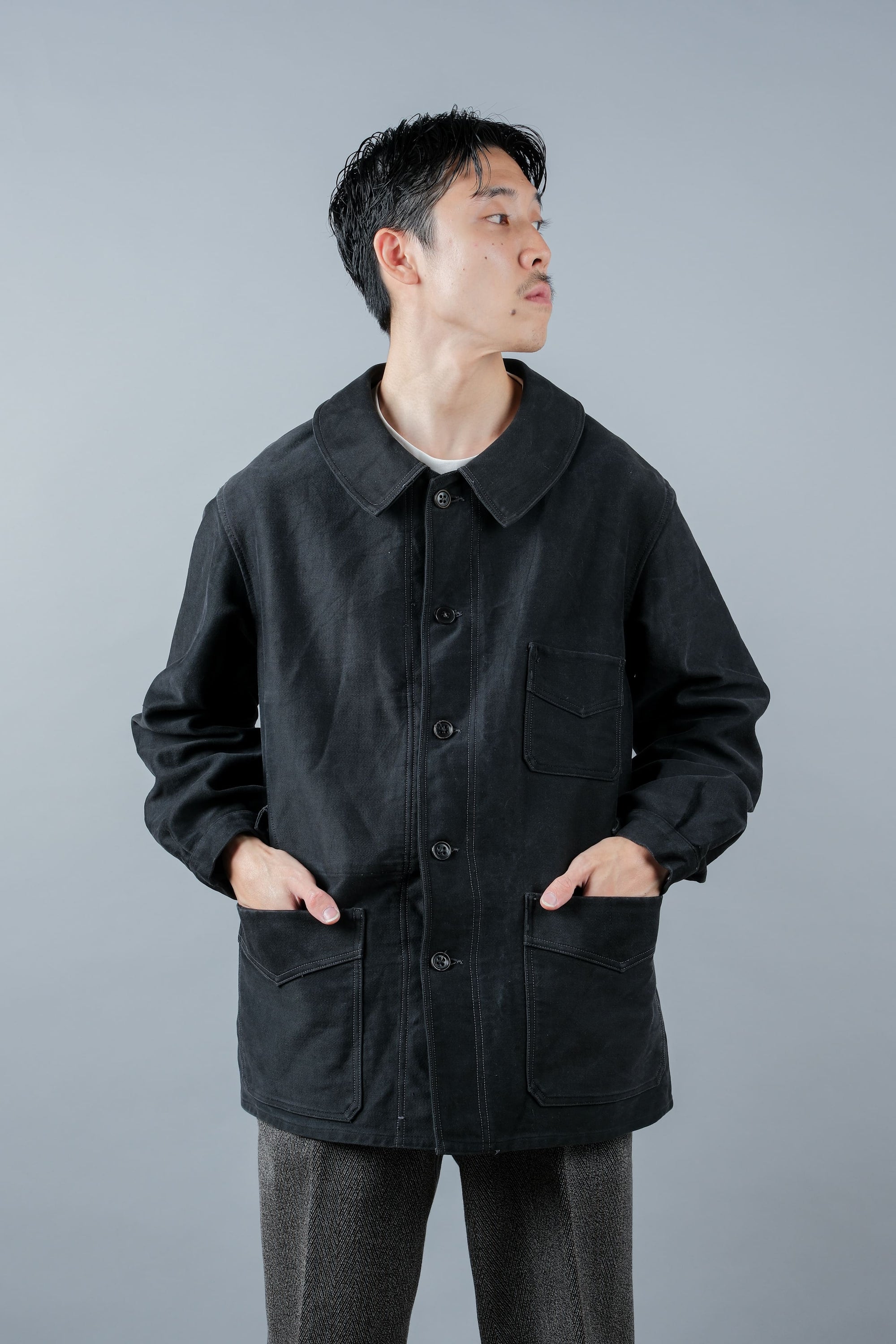 ［~30’s］French Vintage Black Moleskin Work Jacket "Le Mont St. Michel"
