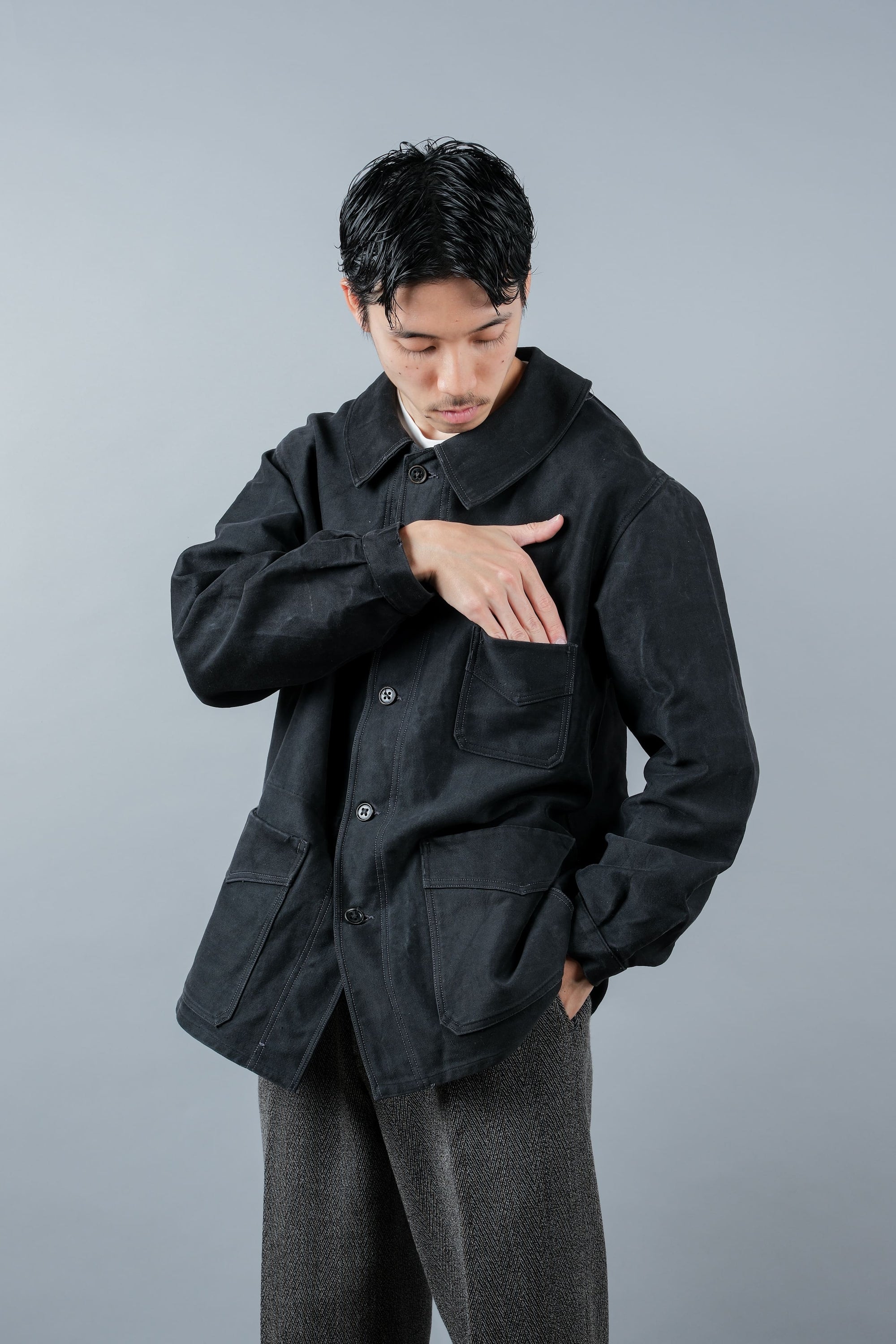 ［~30’s］French Vintage Black Moleskin Work Jacket "Le Mont St. Michel"