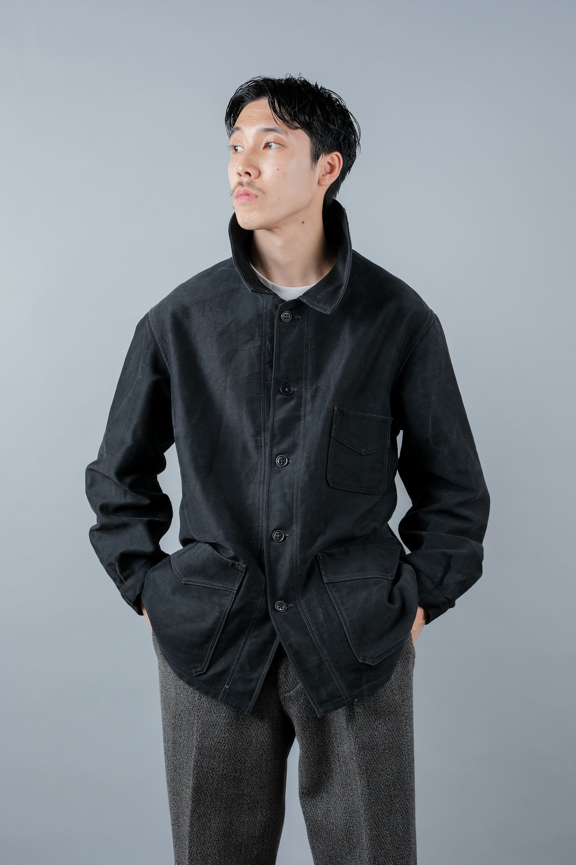 ［~30’s］French Vintage Black Moleskin Work Jacket "Le Mont St. Michel"