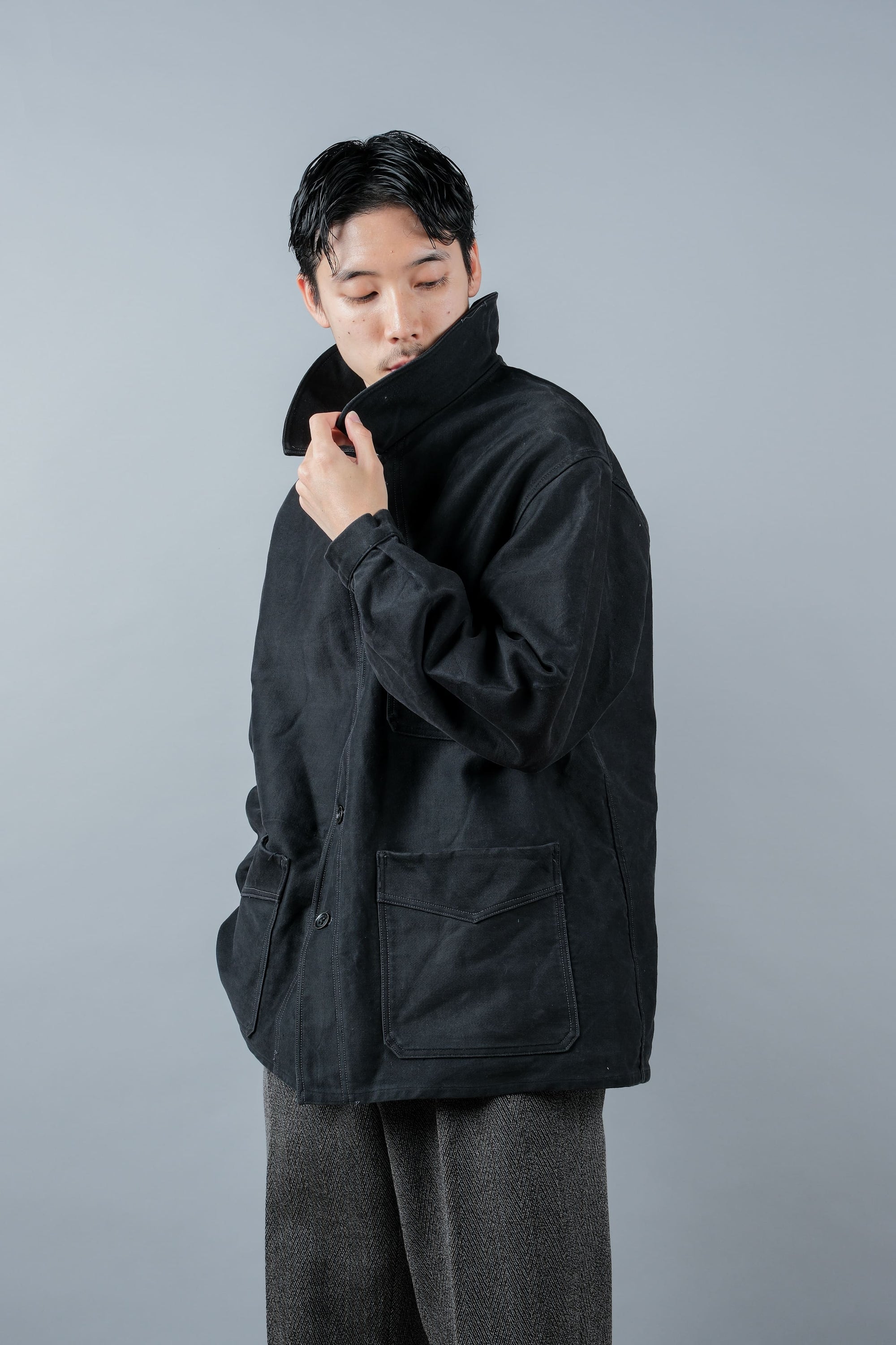 ［~30’s］French Vintage Black Moleskin Work Jacket "Le Mont St. Michel"