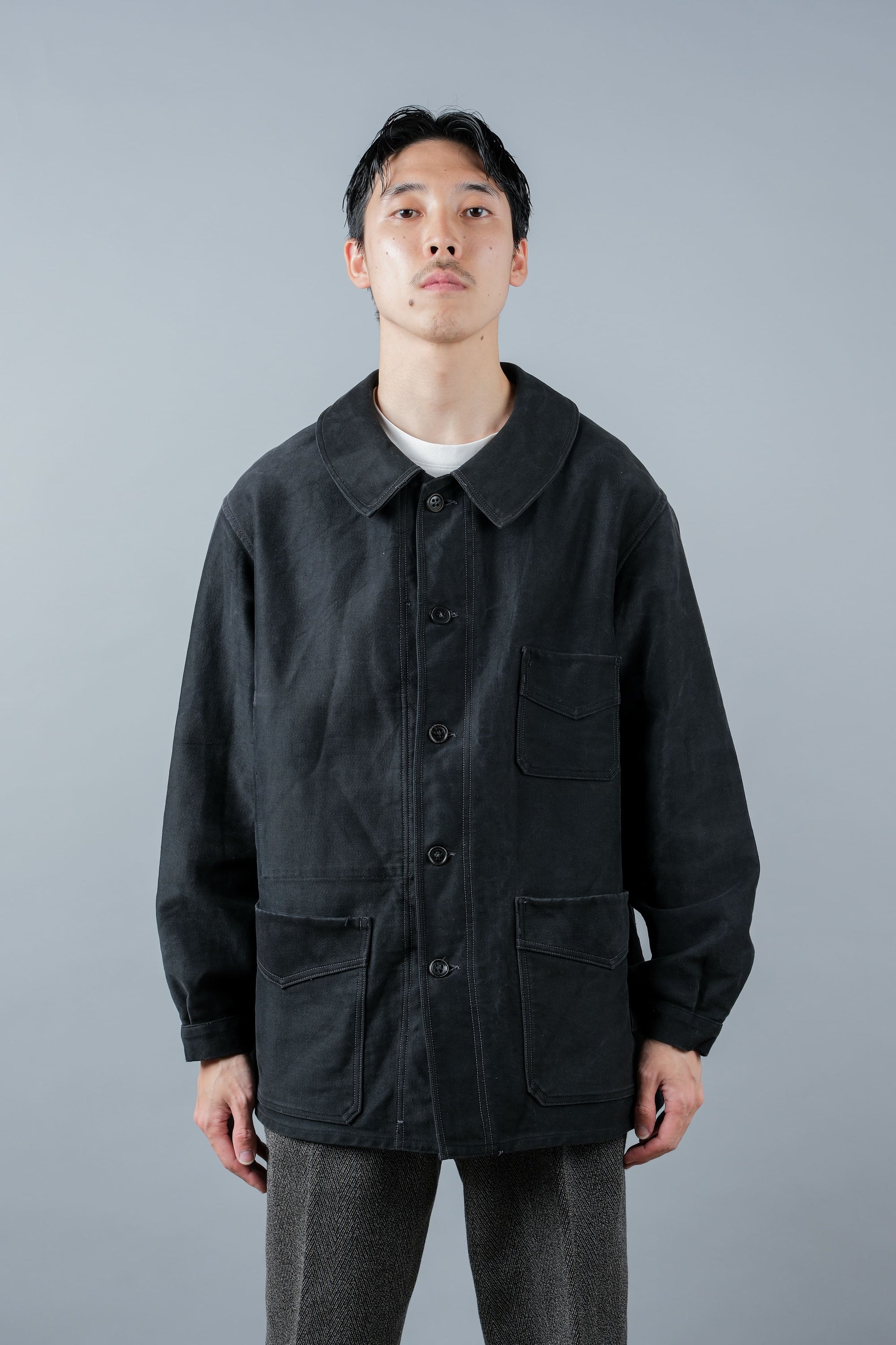 ［~30’s］French Vintage Black Moleskin Work Jacket "Le Mont St. Michel"