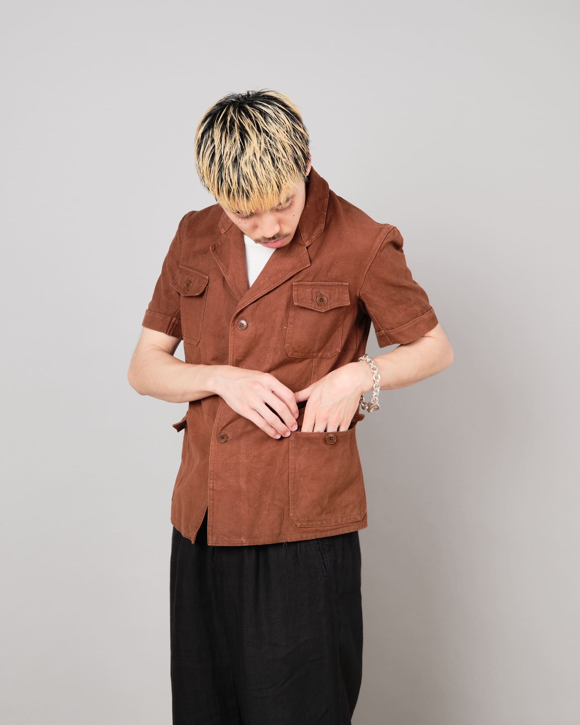 ［~50's］Europe Vintage Reddish Brown Cotton S/S Shirt Jacket