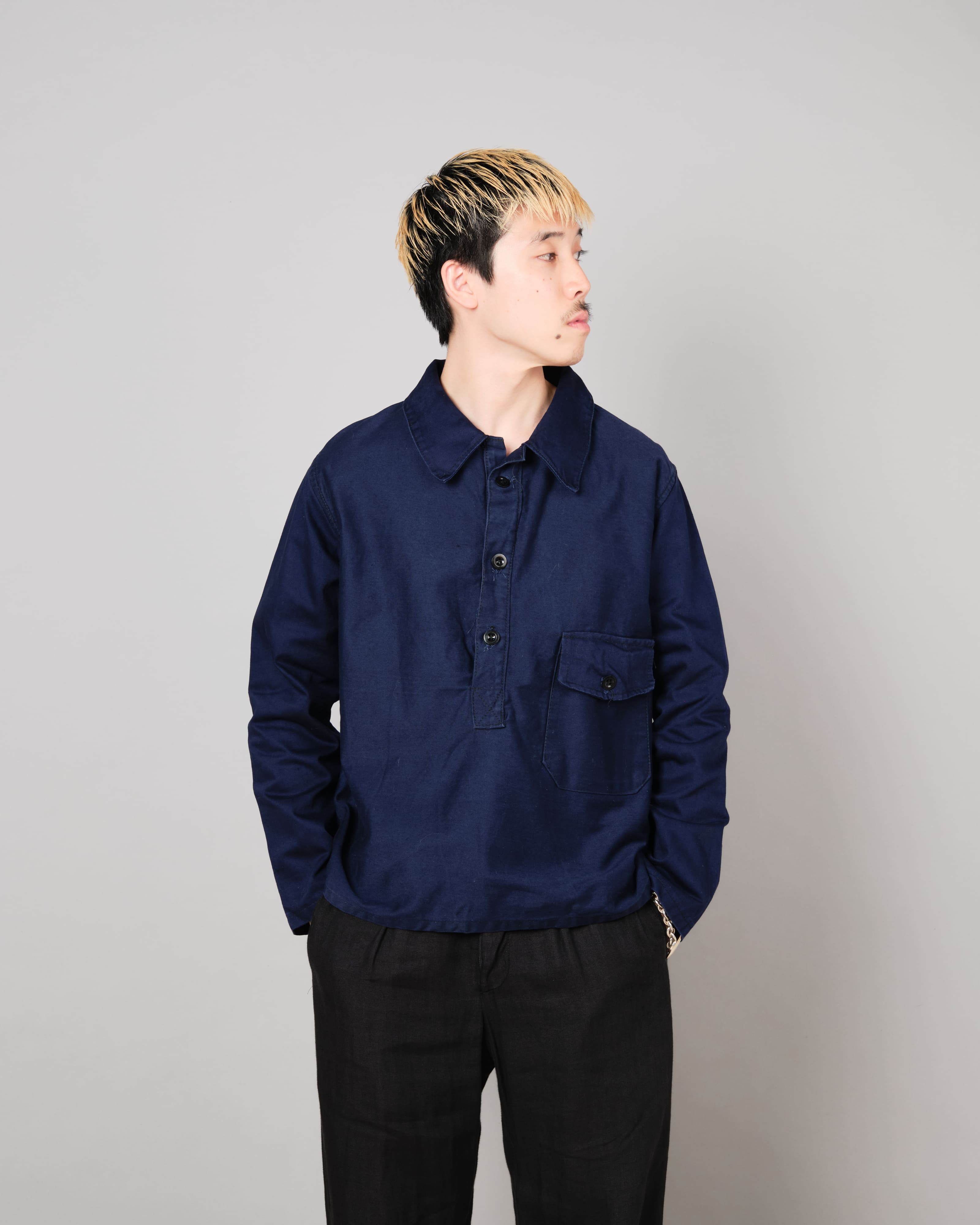 [~70's] Italian Navy Blue Moleskin Work Smock Size.3