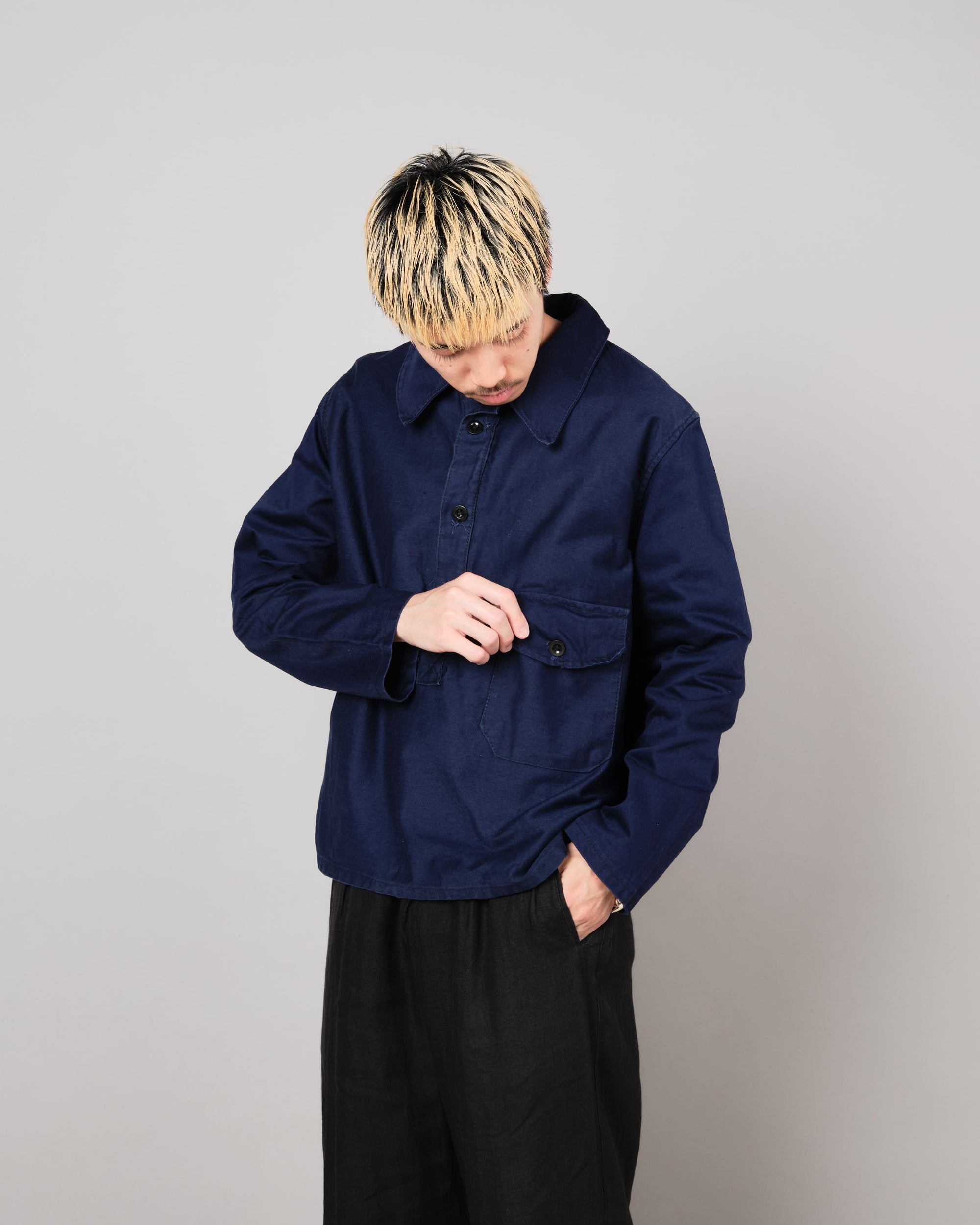 【~70's】Italian Navy Blue Moleskin Work Smock Size.3