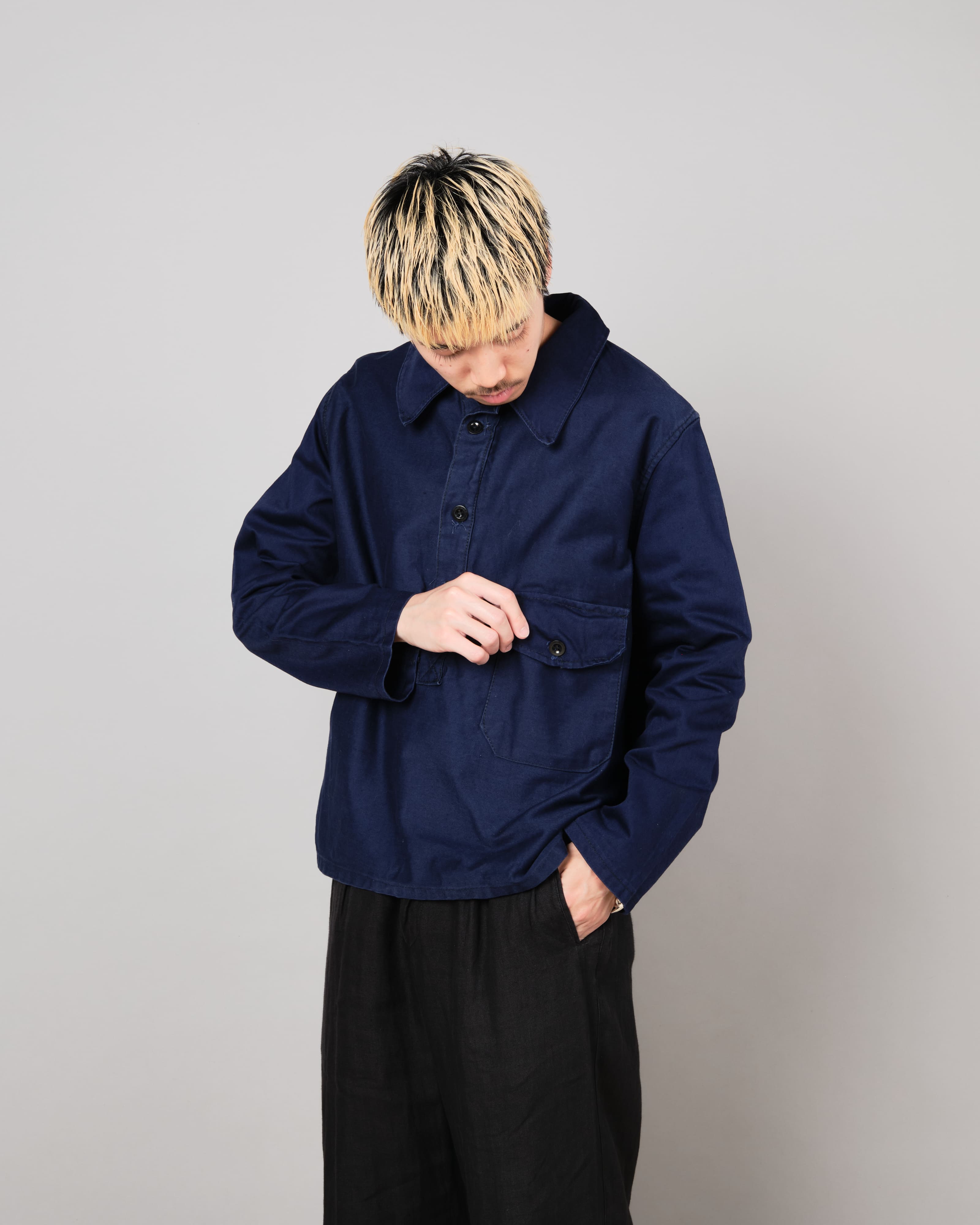 [~70's] Italian Navy Blue Moleskin Work Smock Size.3