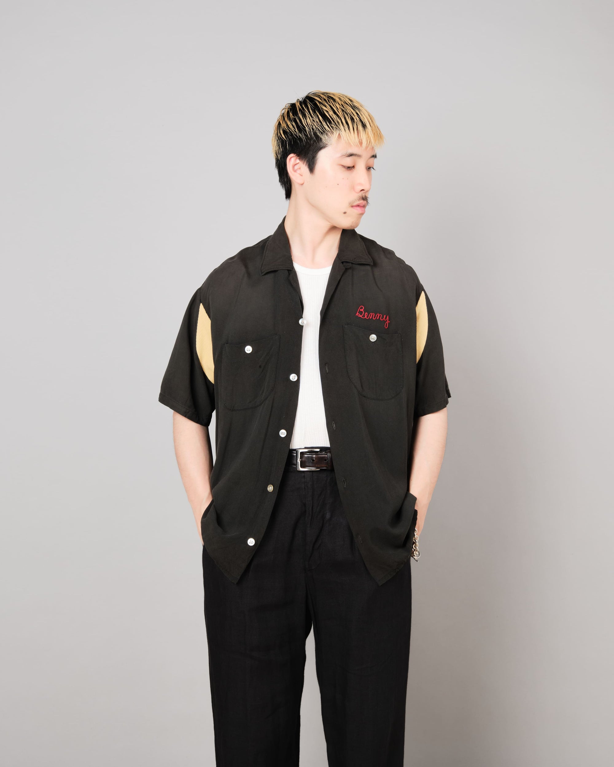 【~60's】American Vintage Black Rayon S/S Bowling Shirt Size.L