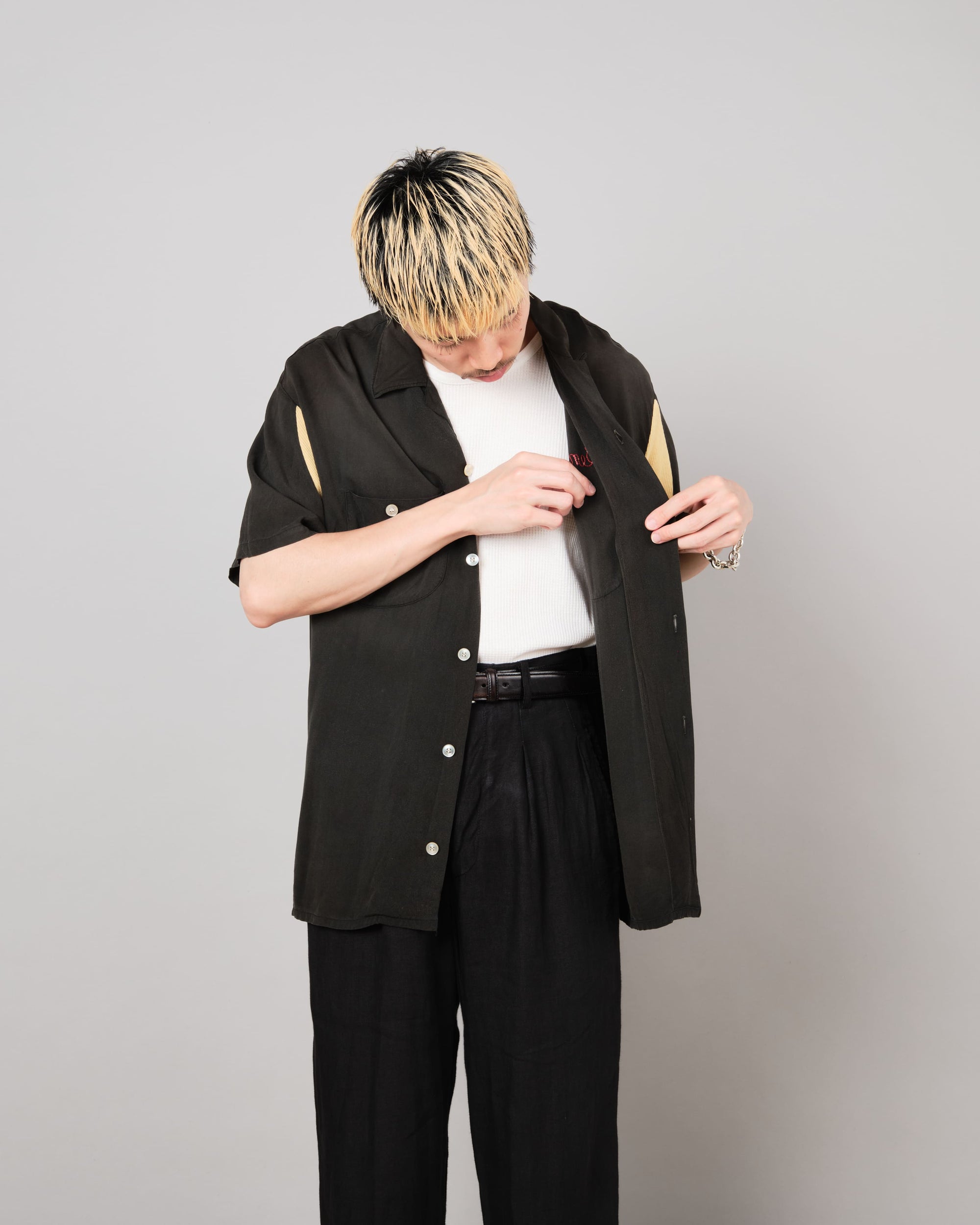 【~60's】American Vintage Black Rayon S/S Bowling Shirt Size.L