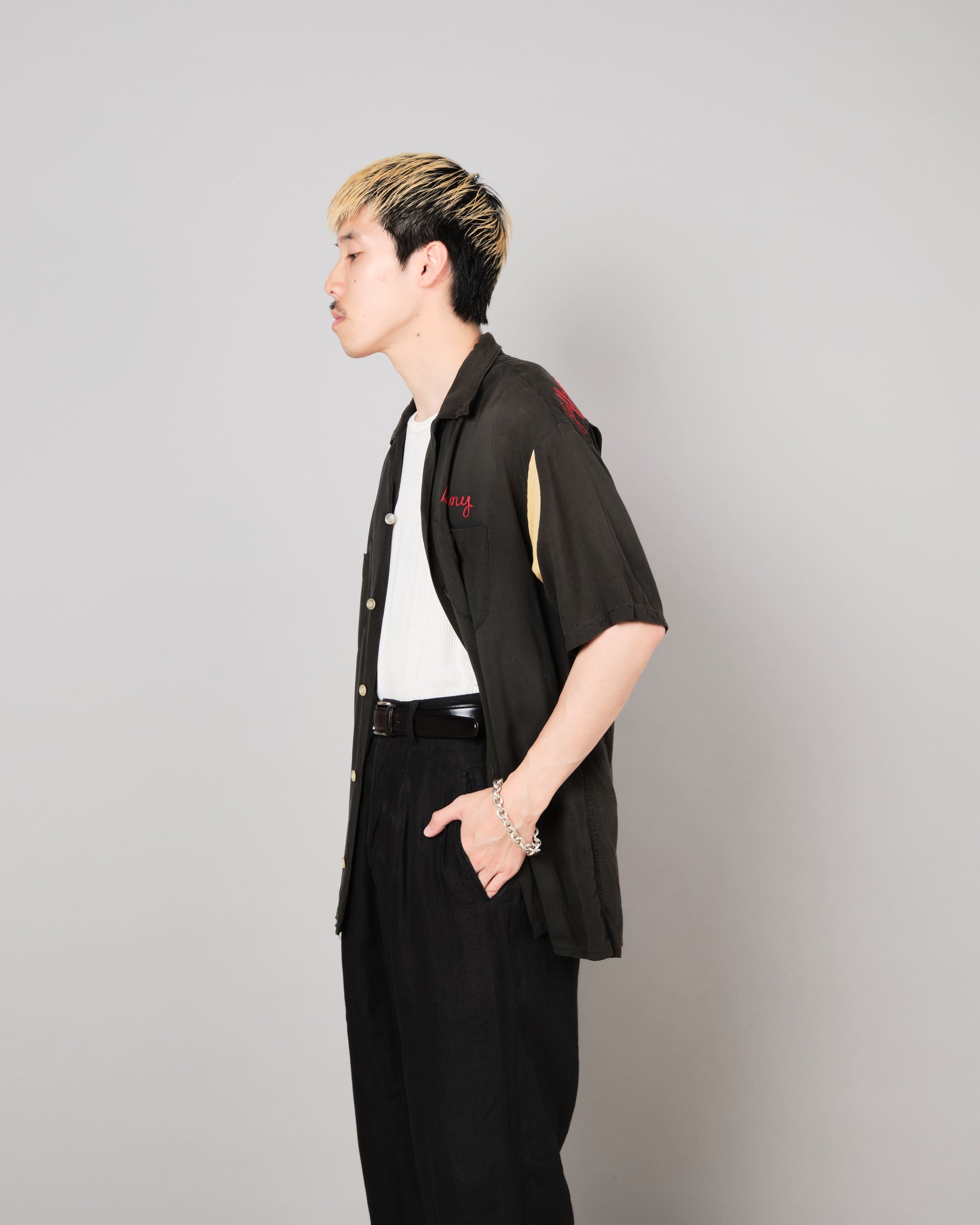 【~60's】American Vintage Black Rayon S/S Bowling Shirt Size.L