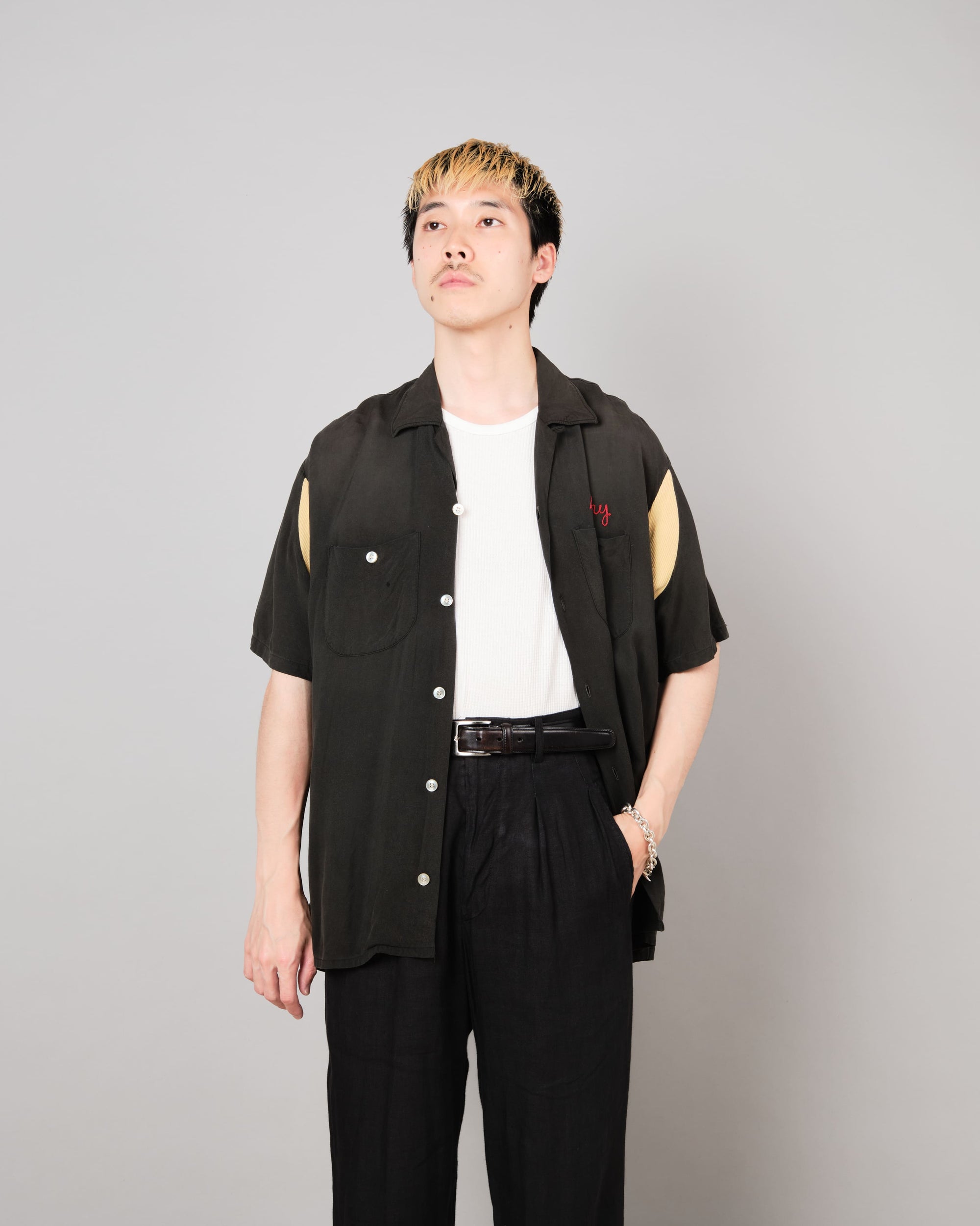 【~60's】American Vintage Black Rayon S/S Bowling Shirt Size.L