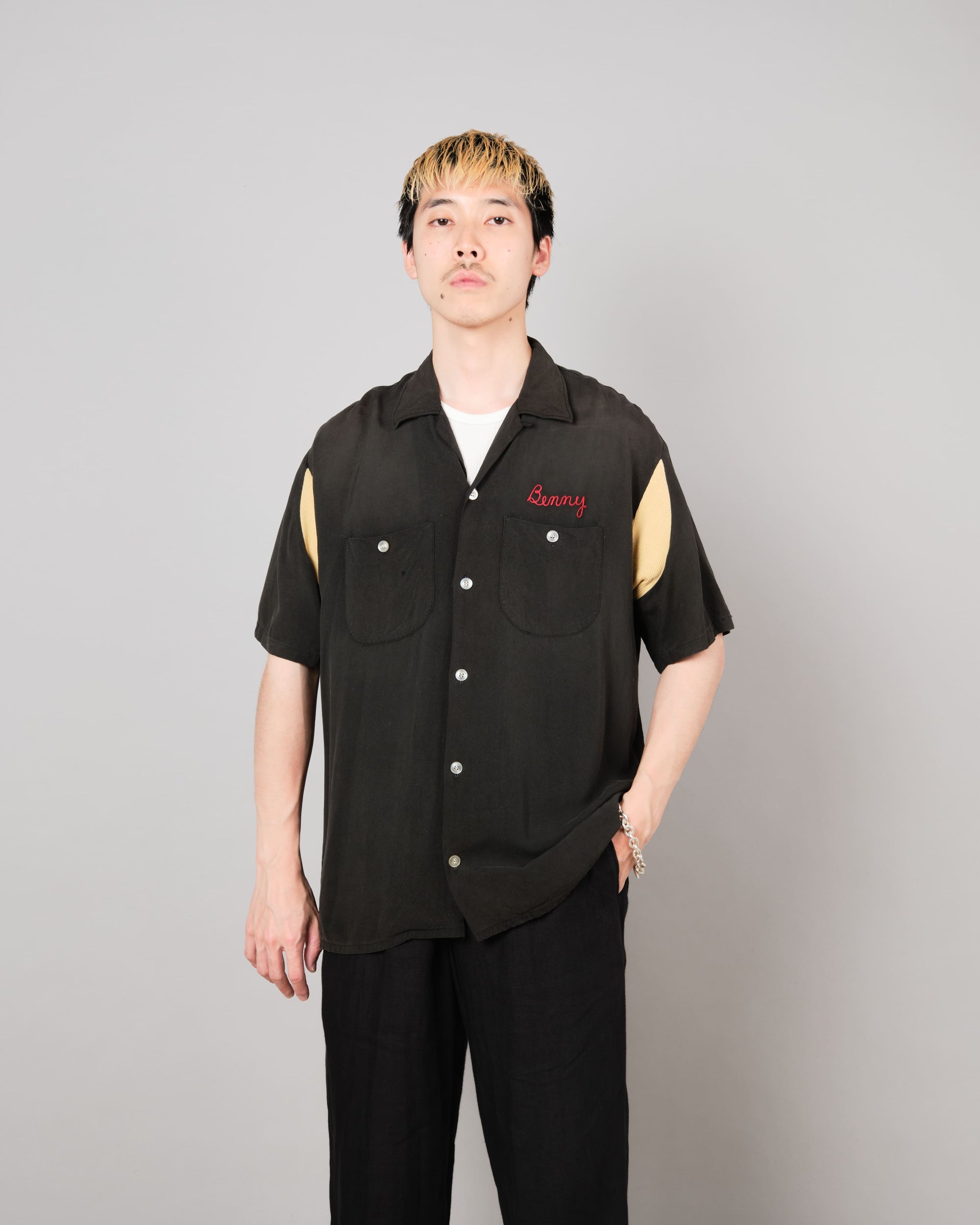 【~60's】American Vintage Black Rayon S/S Bowling Shirt Size.L