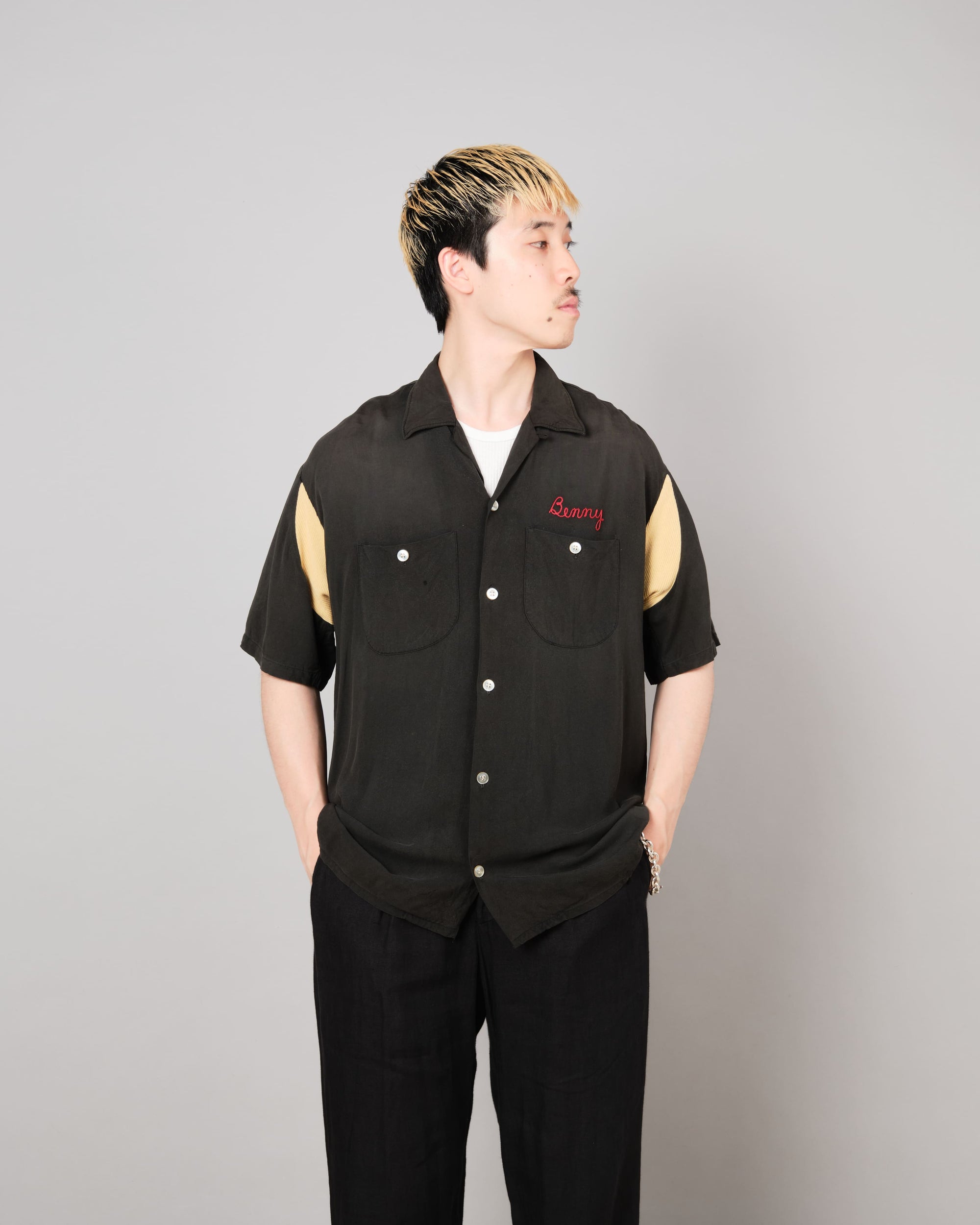 【~60's】American Vintage Black Rayon S/S Bowling Shirt Size.L