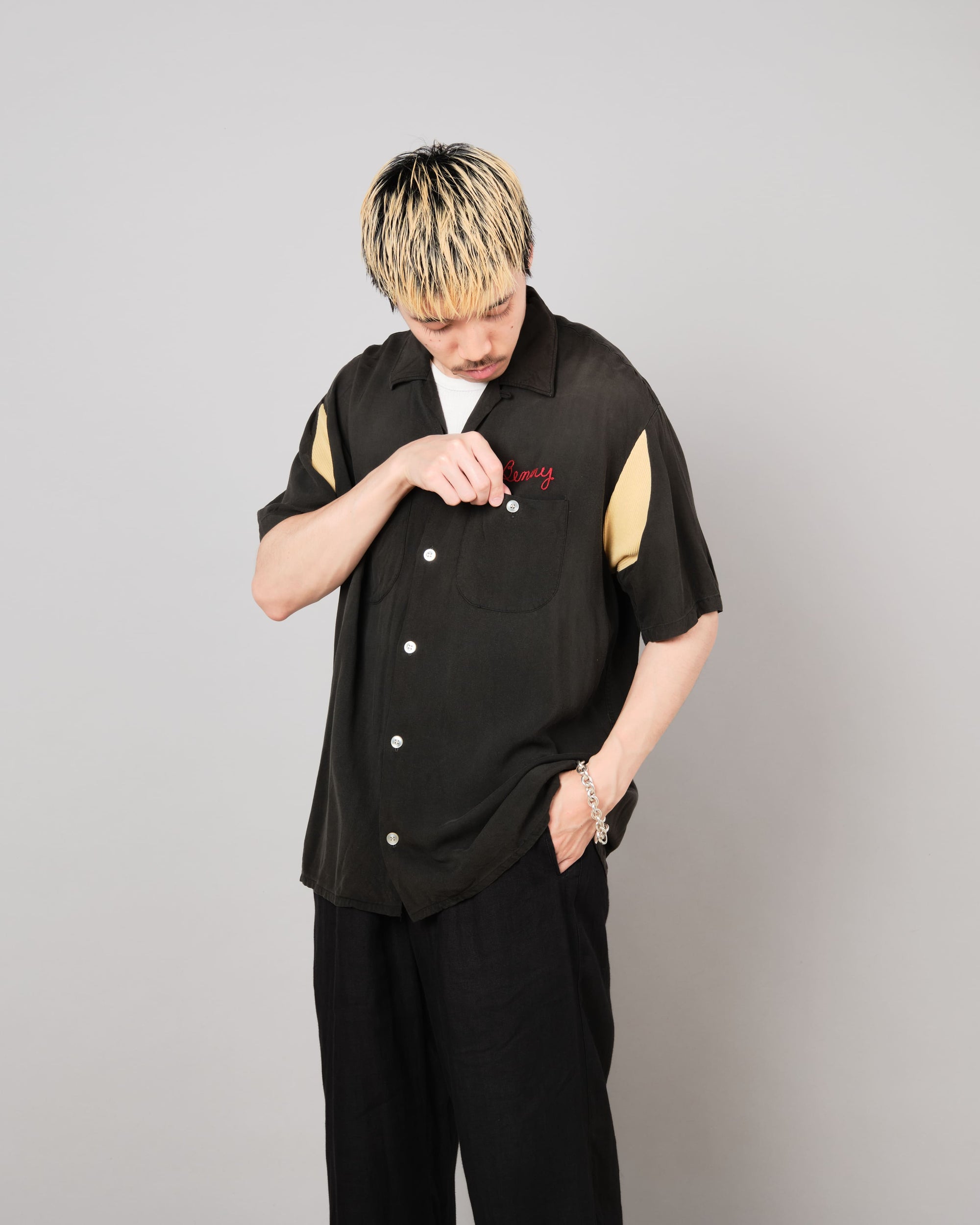 【~60's】American Vintage Black Rayon S/S Bowling Shirt Size.L