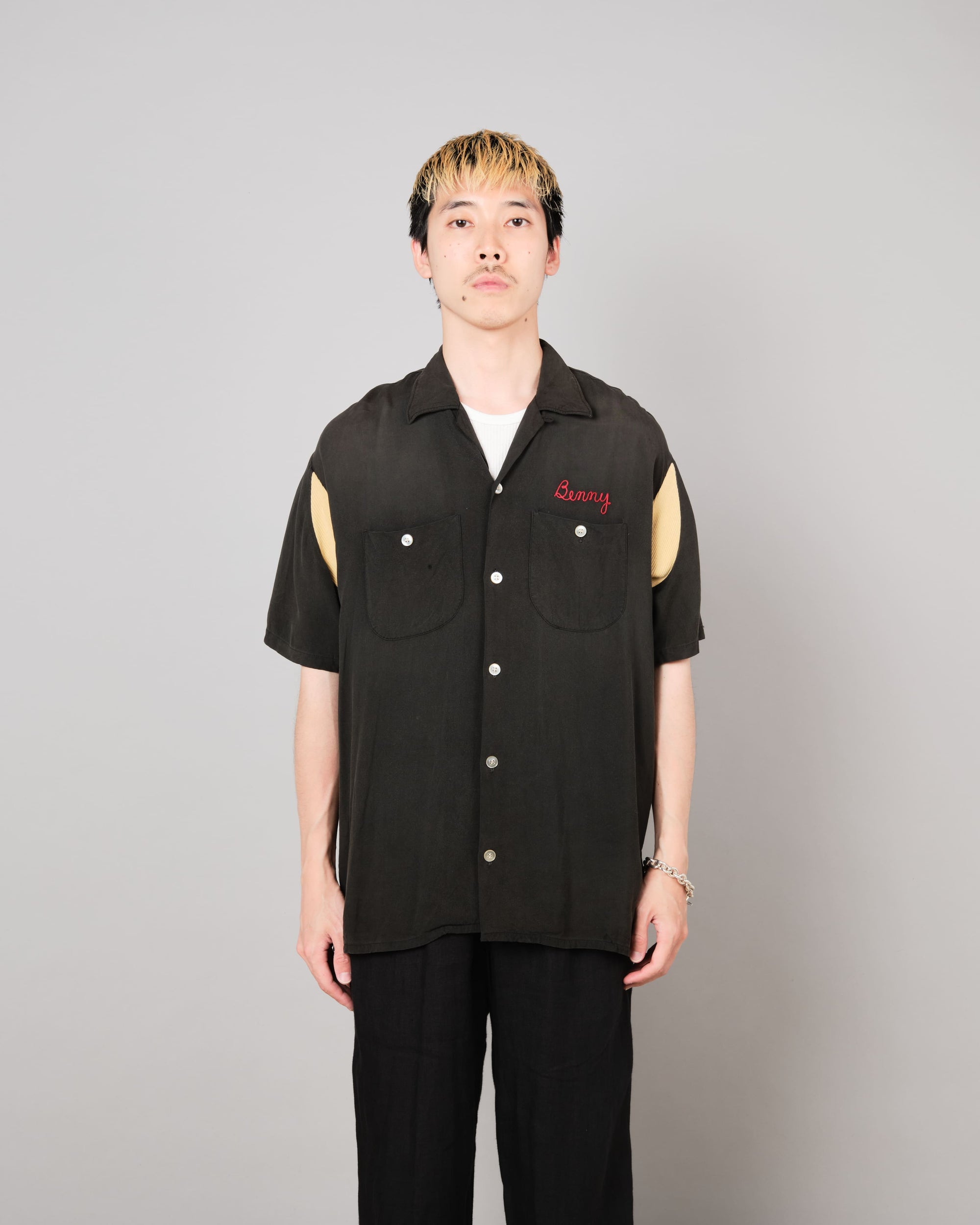【~60's】American Vintage Black Rayon S/S Bowling Shirt Size.L