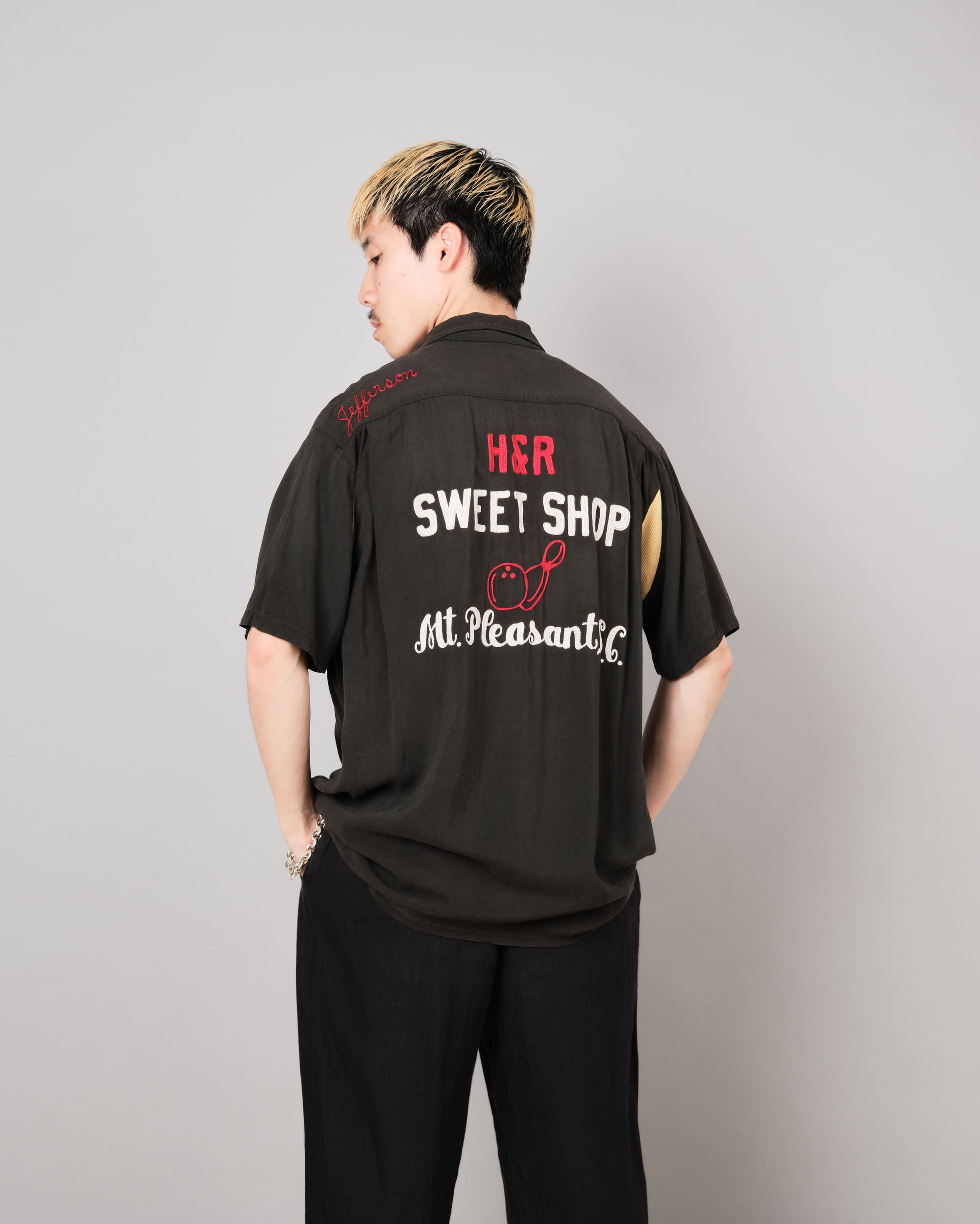 【~60's】American Vintage Black Rayon S/S Bowling Shirt Size.L