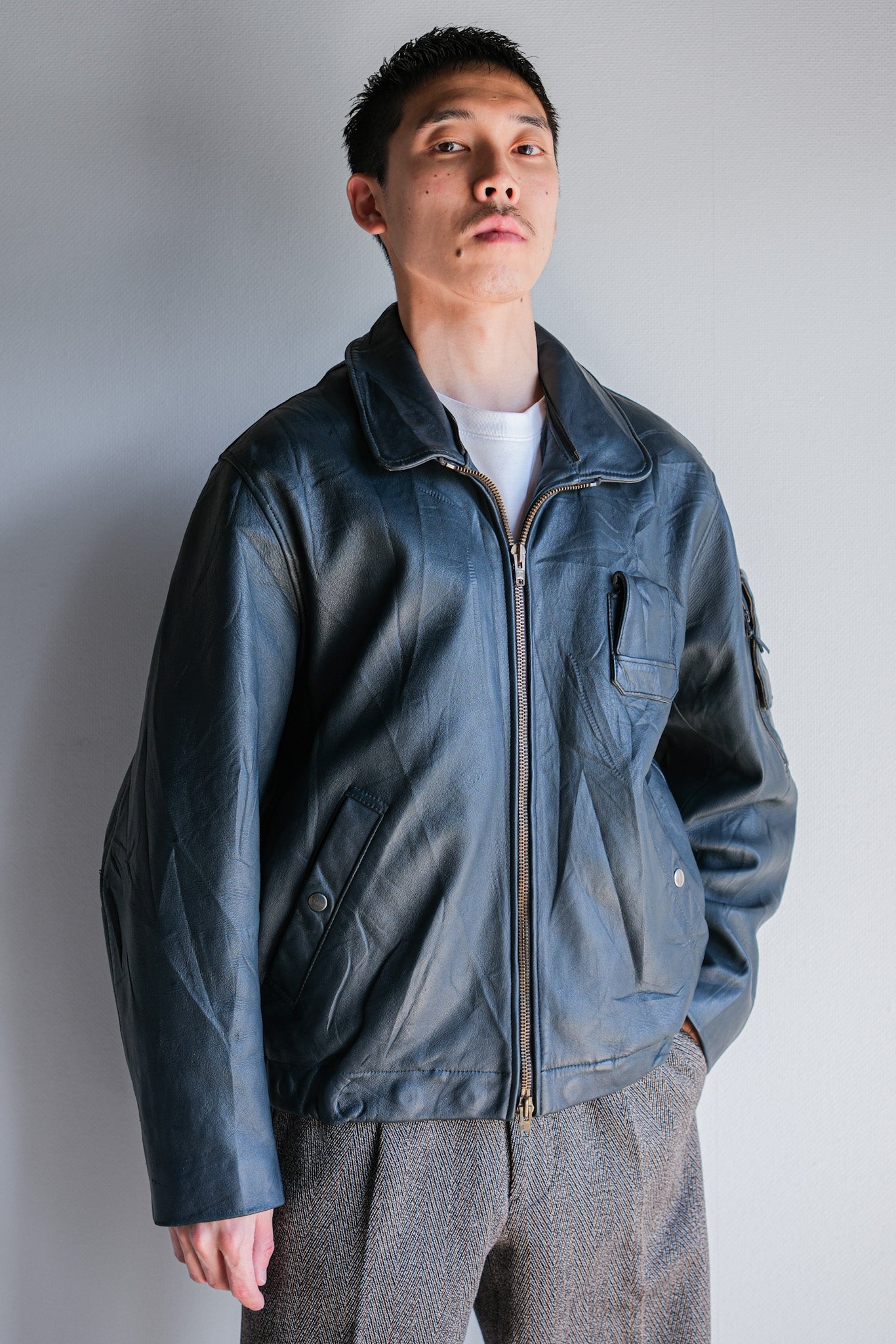 ［~70's］French Air Force Pilot Leather Jacket With Chin Strap Size.96M
