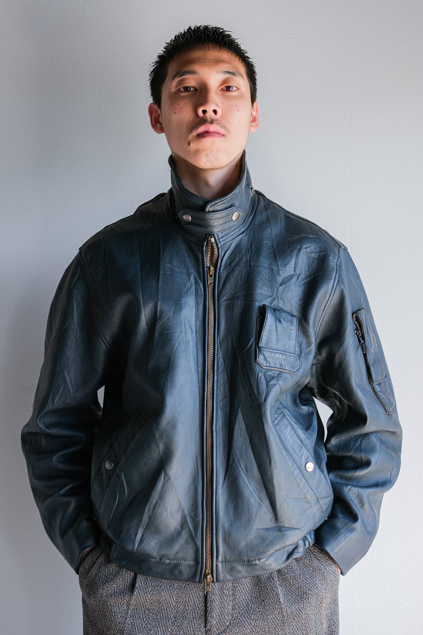 ［~70's］French Air Force Pilot Leather Jacket With Chin Strap Size.96M