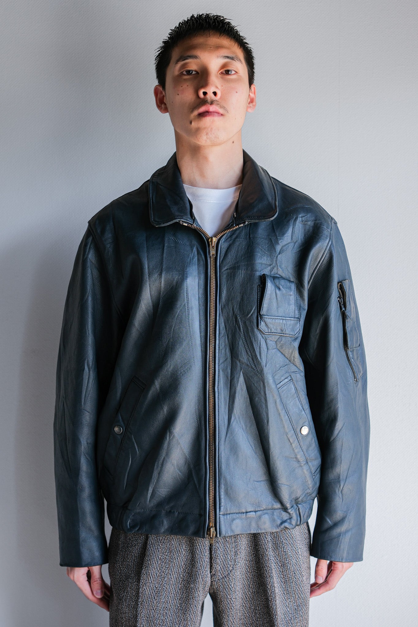 ［~70's］French Air Force Pilot Leather Jacket With Chin Strap Size.96M