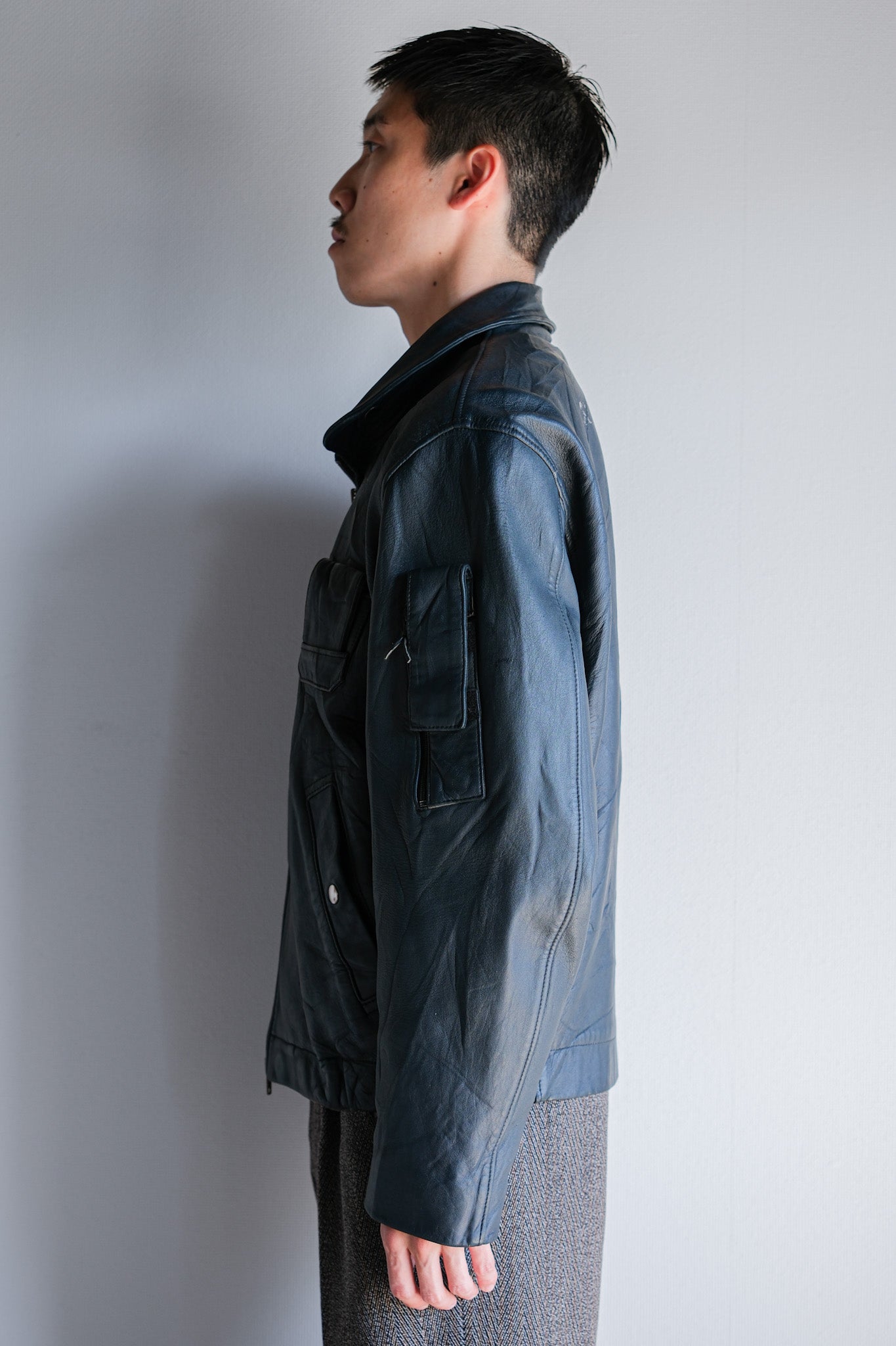 ［~70's］French Air Force Pilot Leather Jacket With Chin Strap Size.96M