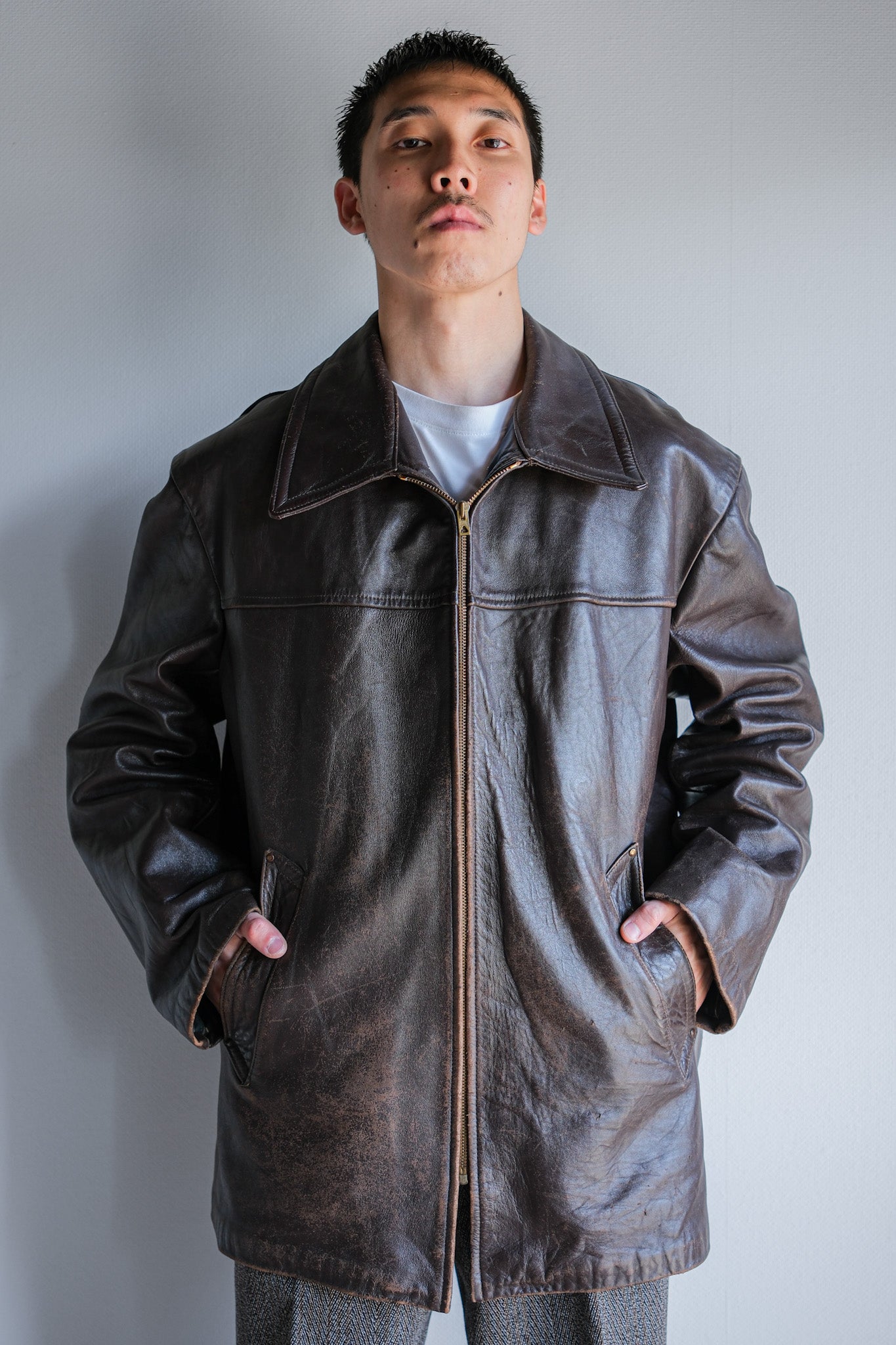 50's] French Vintage Zip Up Leather Work Jacket Size.52