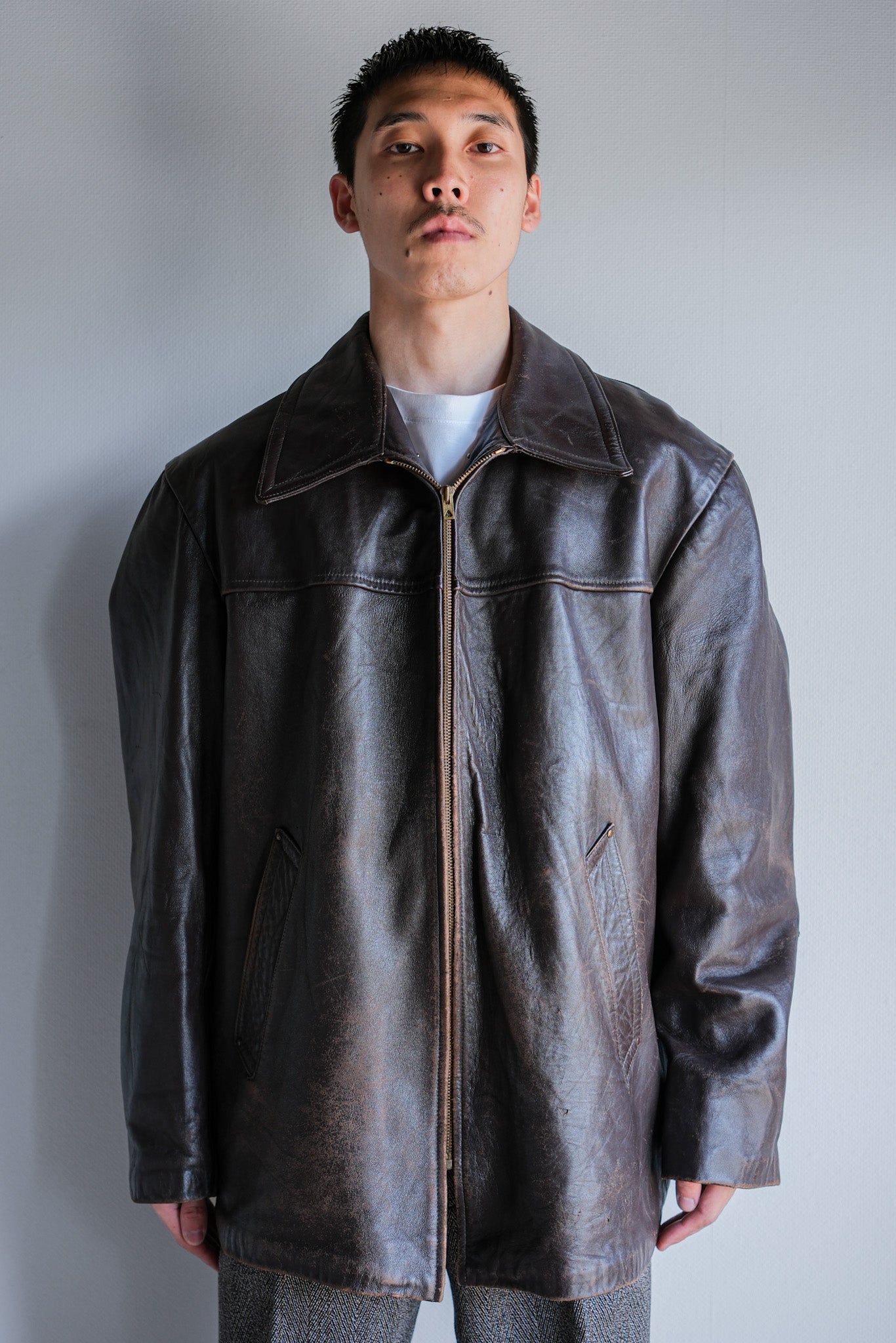 ジャケット・アウター carverno0004678 50s 60s adolphe 50's] French Vintage Zip Up Leather Work Jacket Size.52