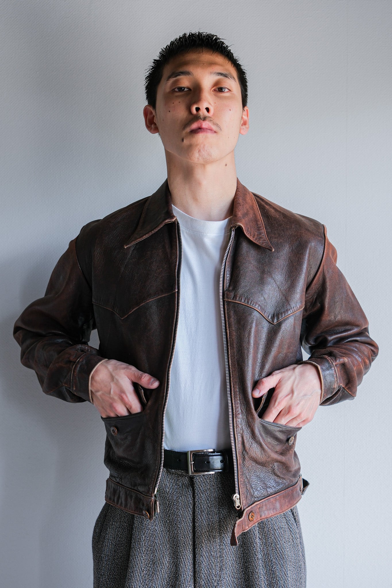 【~40's】French Vintage Leather Cyclist Jacket