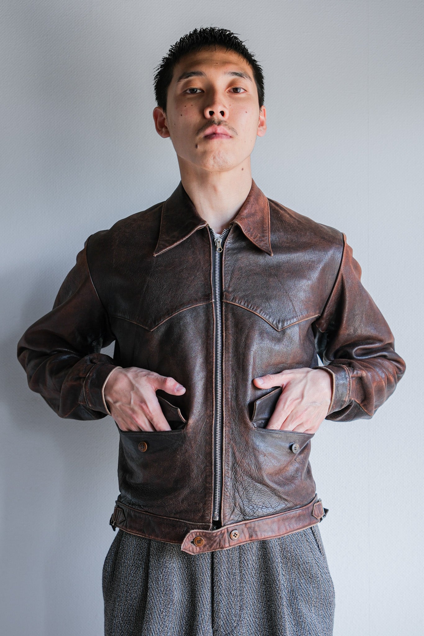 【~40's】French Vintage Leather Cyclist Jacket