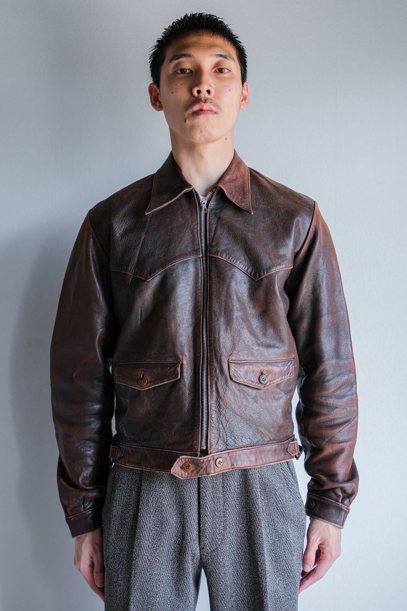 【~40's】French Vintage Leather Cyclist Jacket