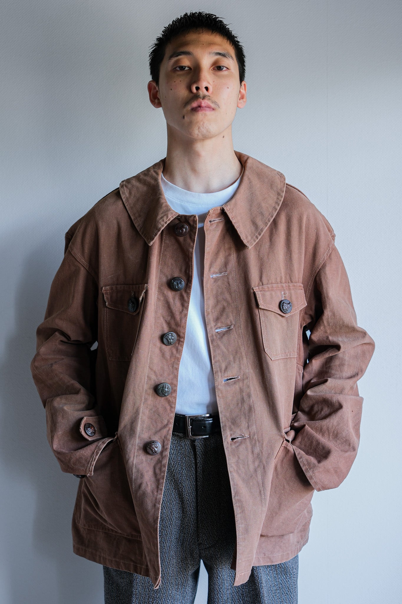 [~ 40's] French Vintage Reddish Brown Cotton Canvas Hunting Jacket