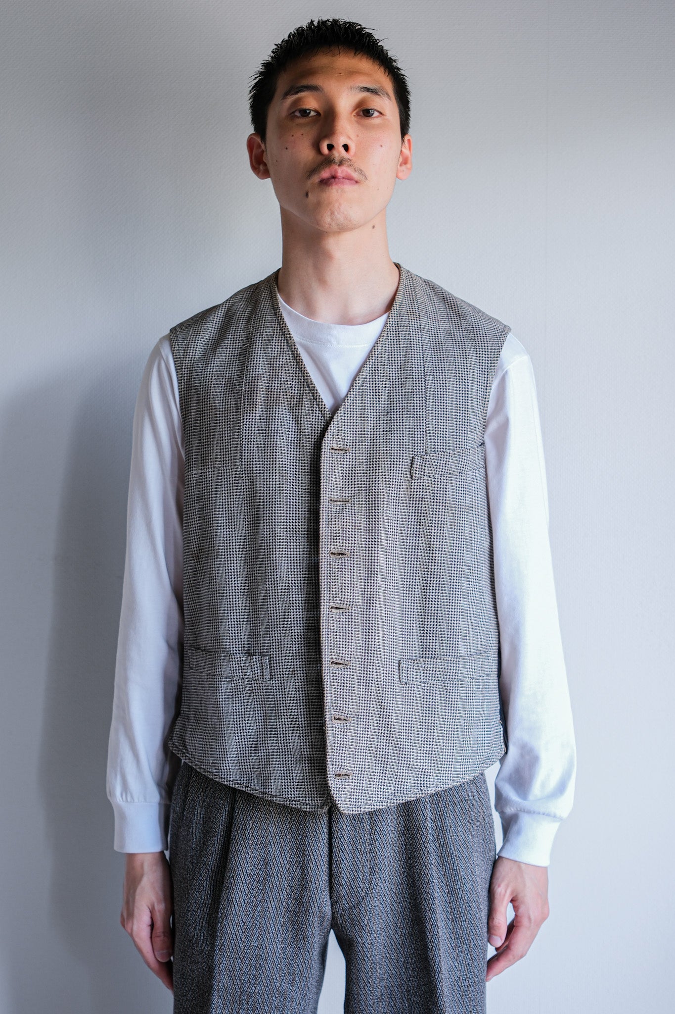 ［~30's］French Vintage Houndstooth Cotton Work Gilet "Unusual Fabric"