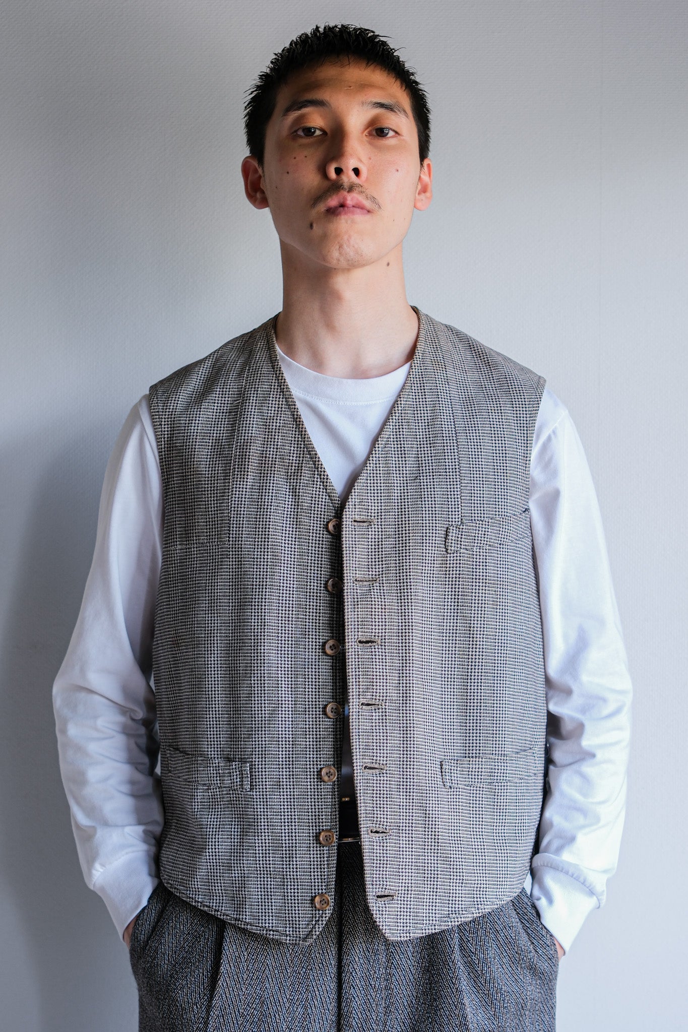 ［~30's］French Vintage Houndstooth Cotton Work Gilet "Unusual Fabric"