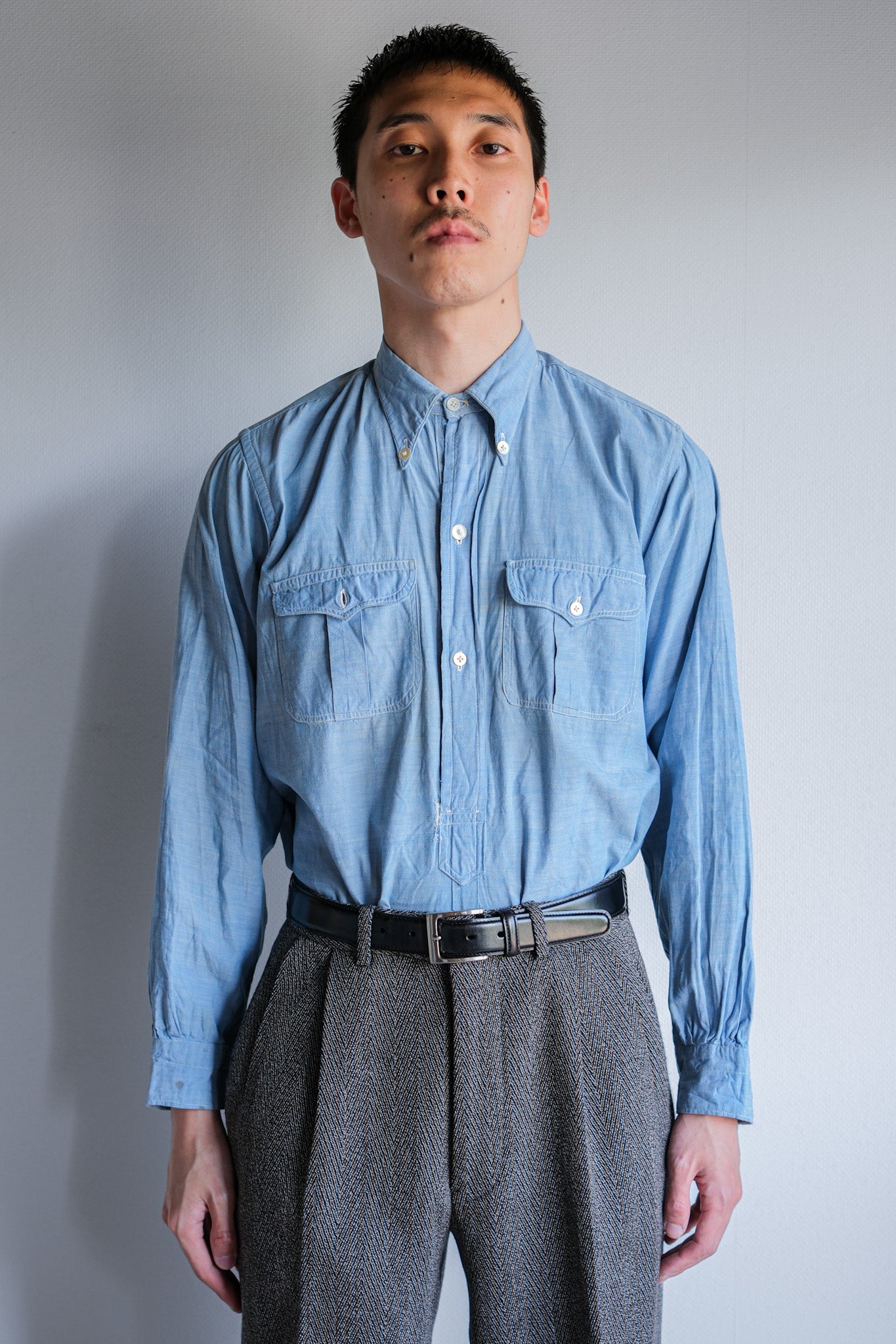 【~40's】French Vintage Chambray Grandpa Shirt