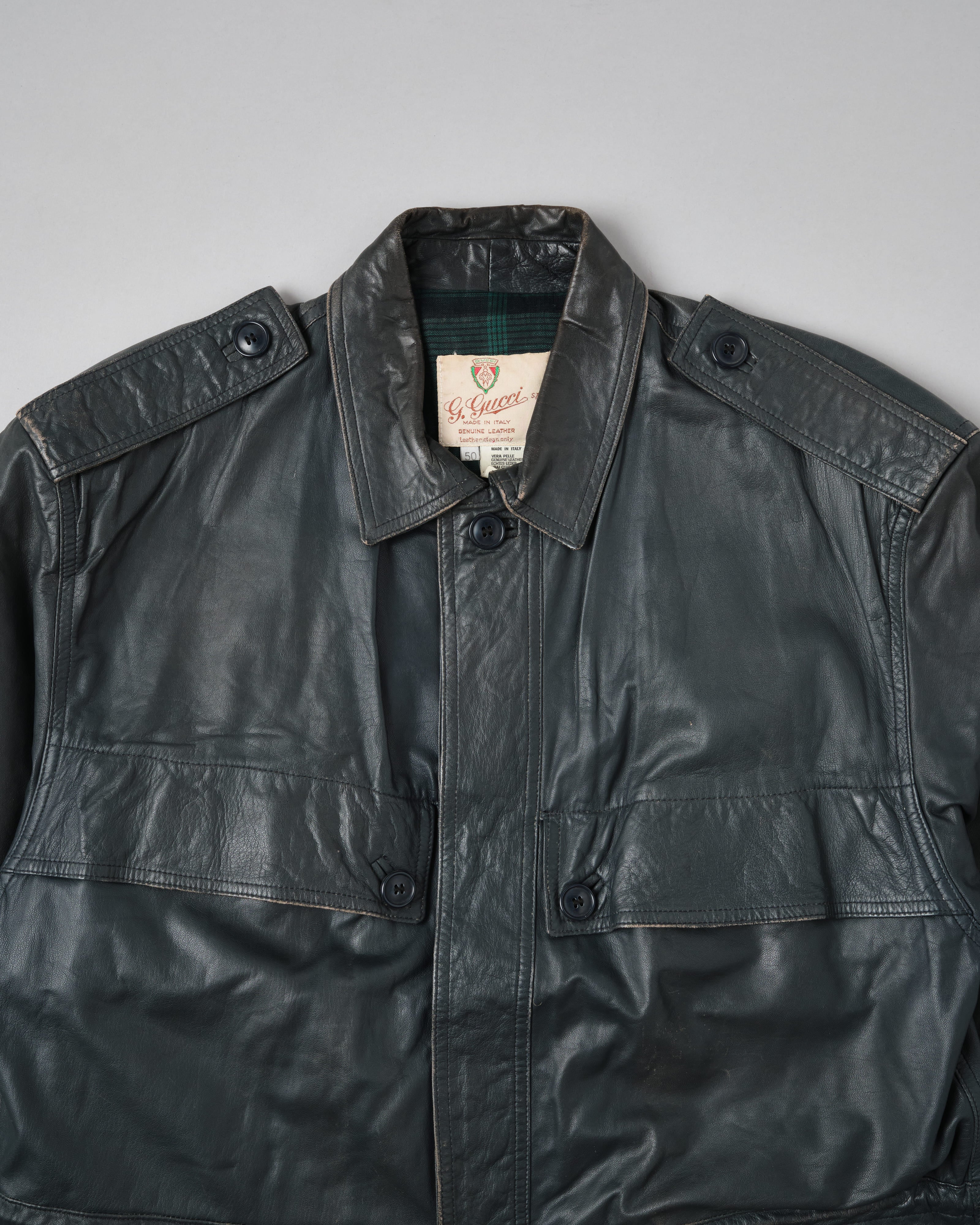 [~70's] Old GUCCI Military Style 4 Pockets Leather Jacket Size.50