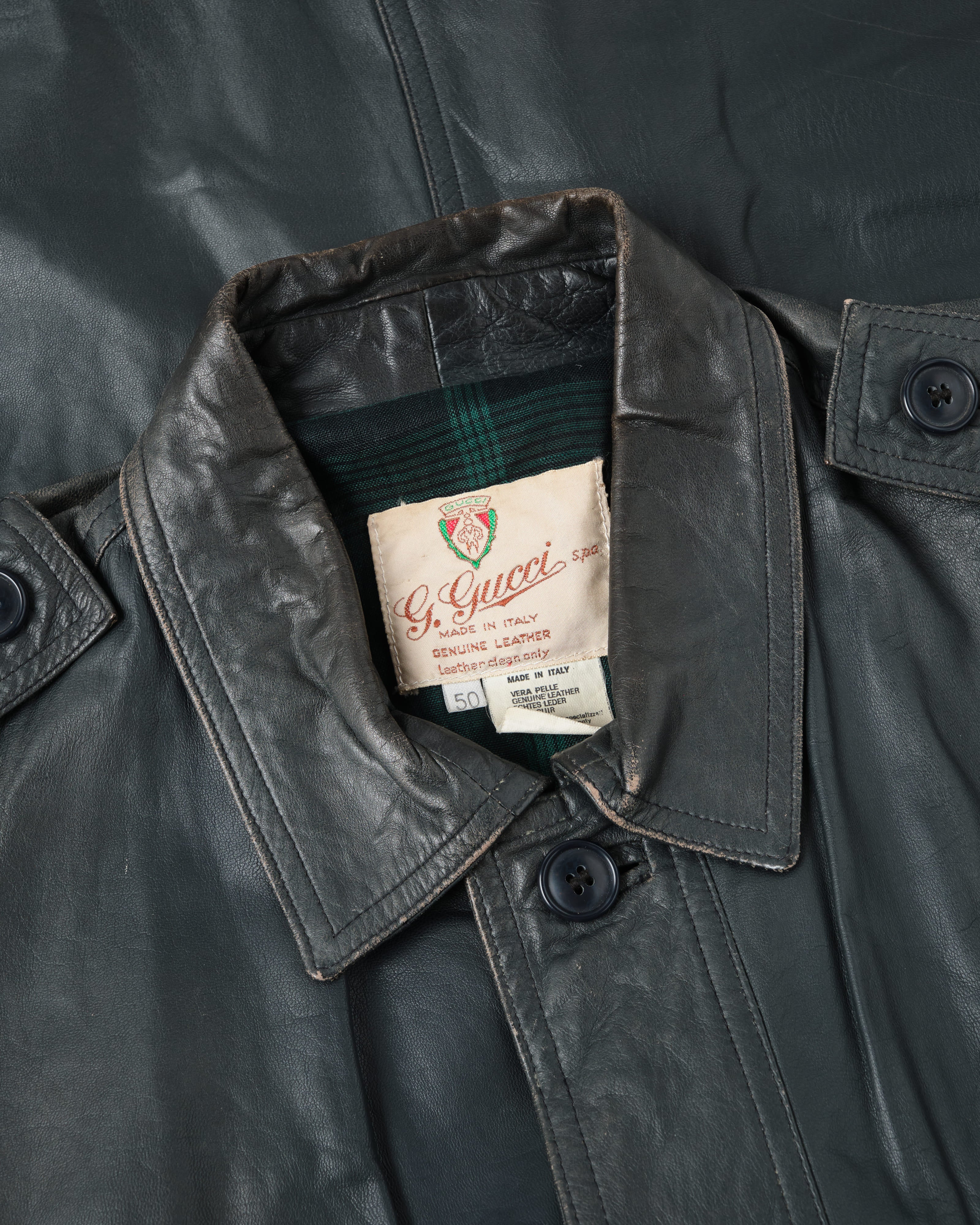 [~70's] Old GUCCI Military Style 4 Pockets Leather Jacket Size.50