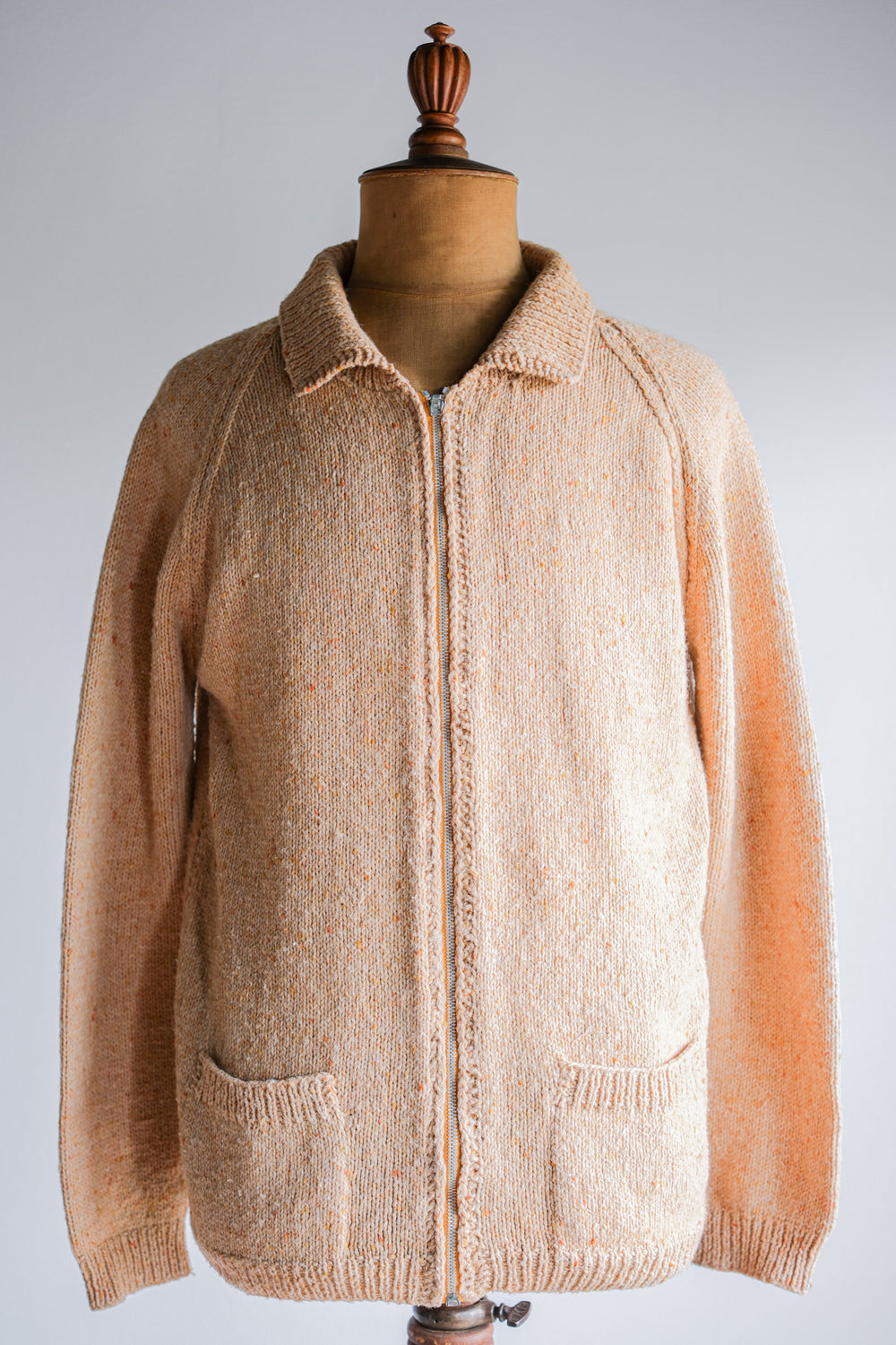 【~60's】British Vintage Raglan Sleeve Zip Up Wool Cardigan "Handmade"