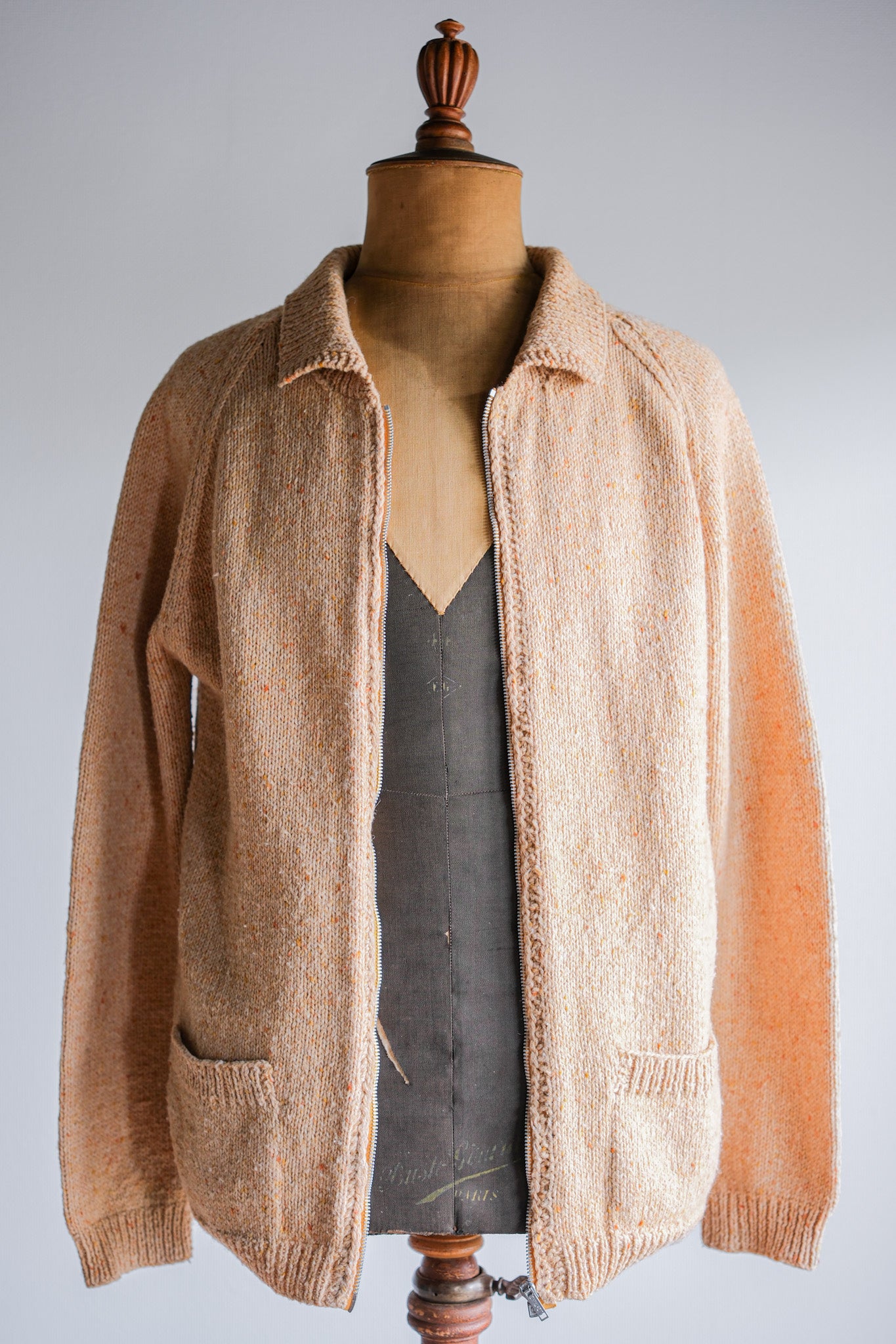 ［~60's］British Vintage Raglan Sleeve Zip Up Wool Cardigan "Handmade"