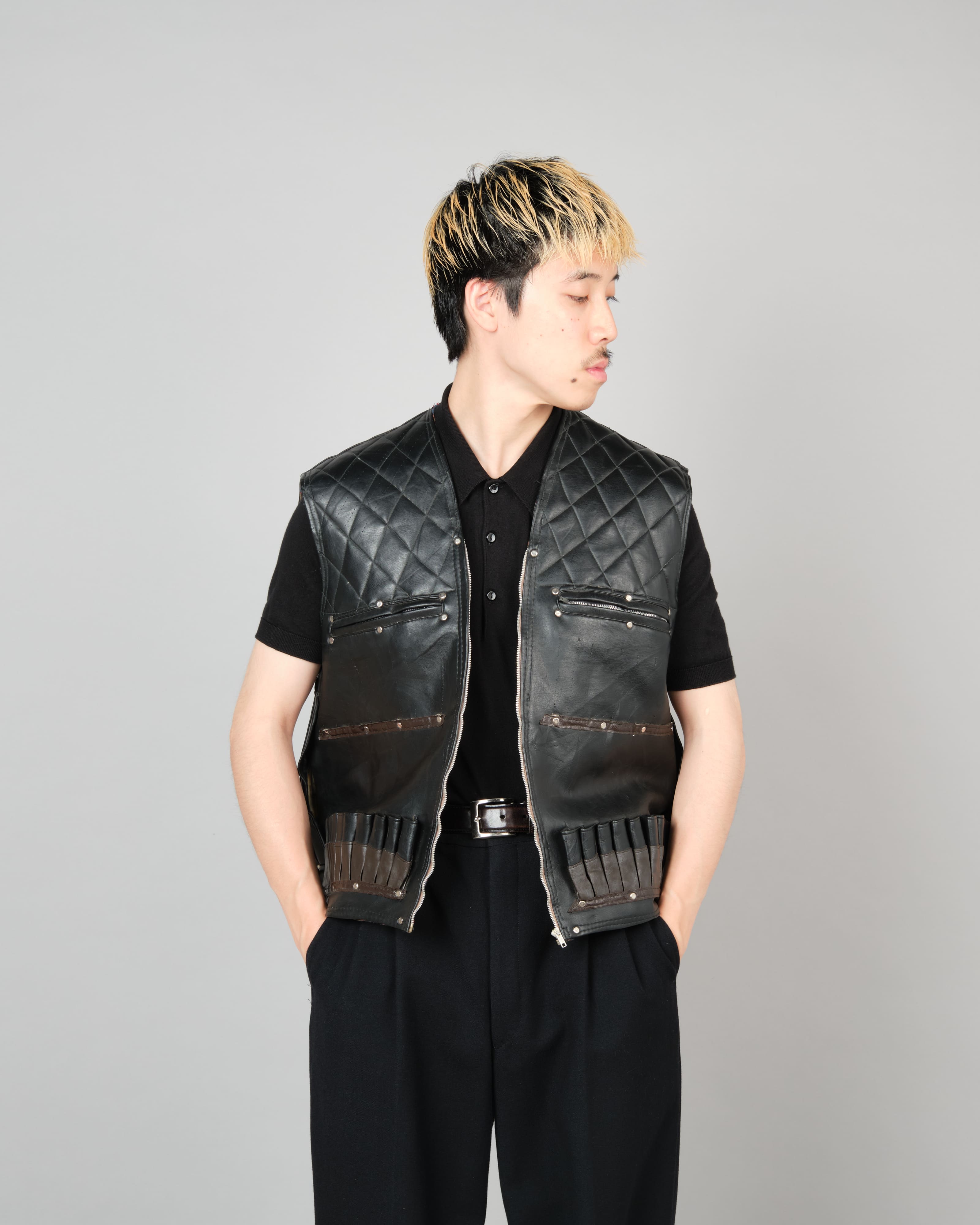 [~60's] Italian Vintage Black Leather Shooting Vest