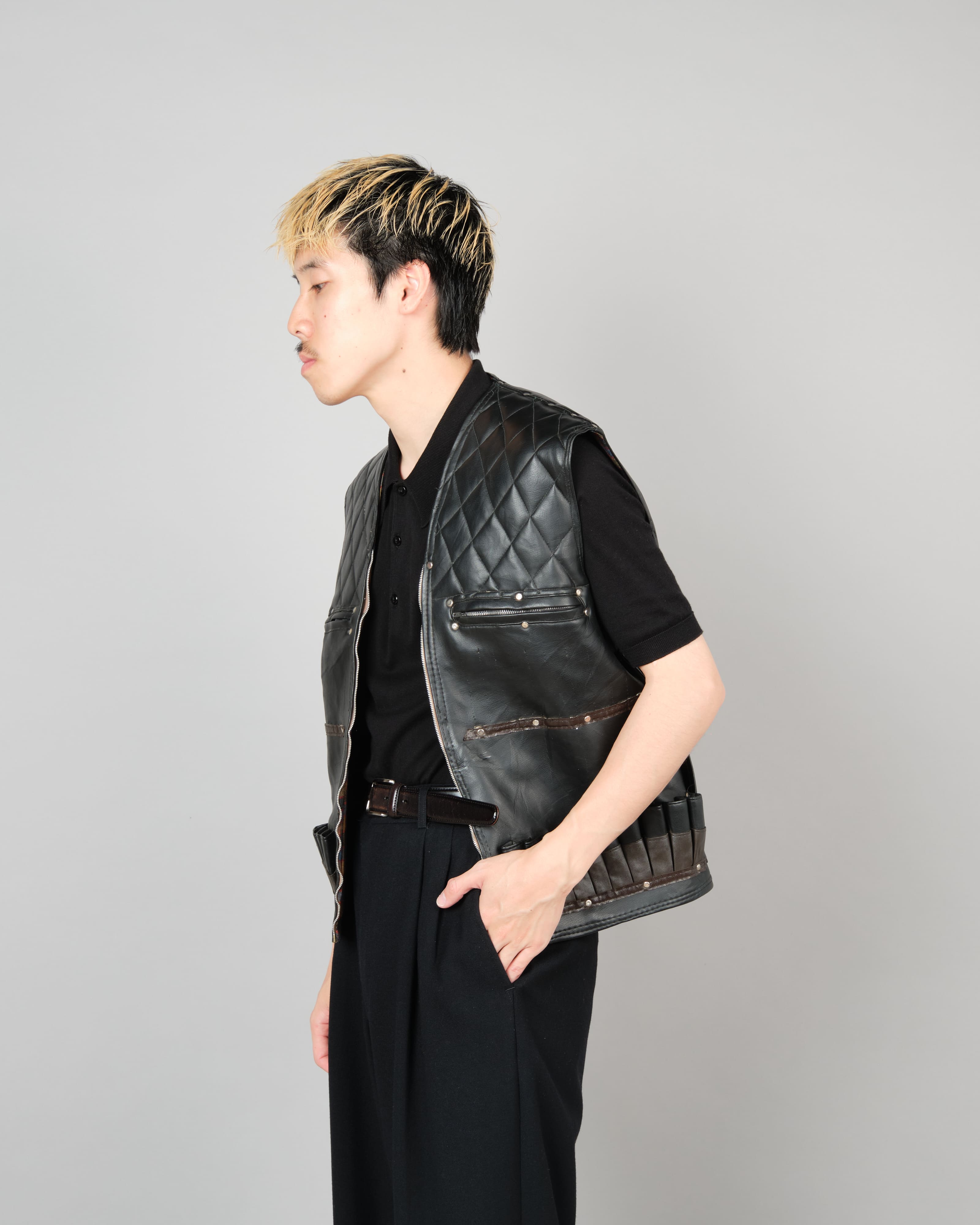 [~60's] Italian Vintage Black Leather Shooting Vest