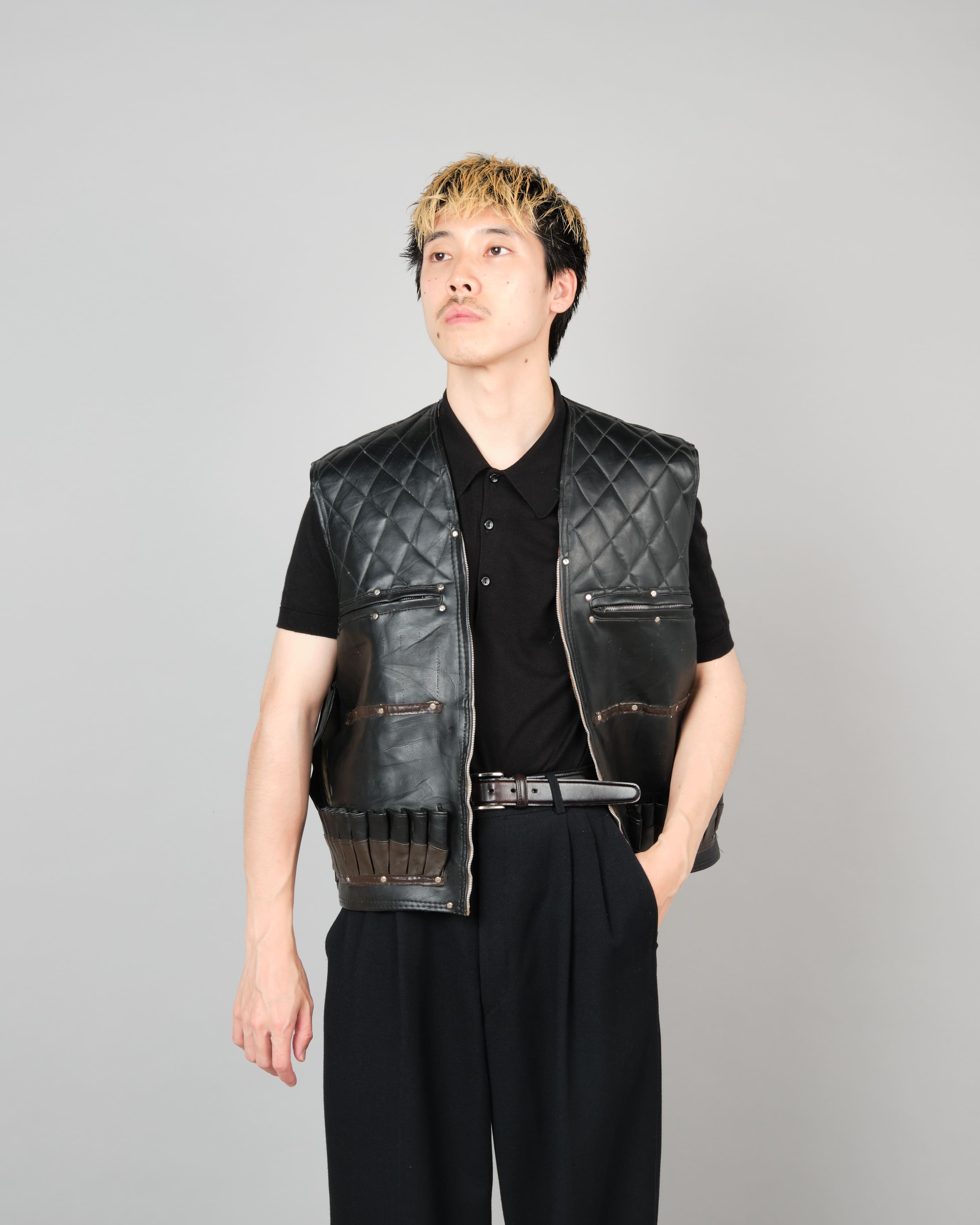 [~60's] Italian Vintage Black Leather Shooting Vest