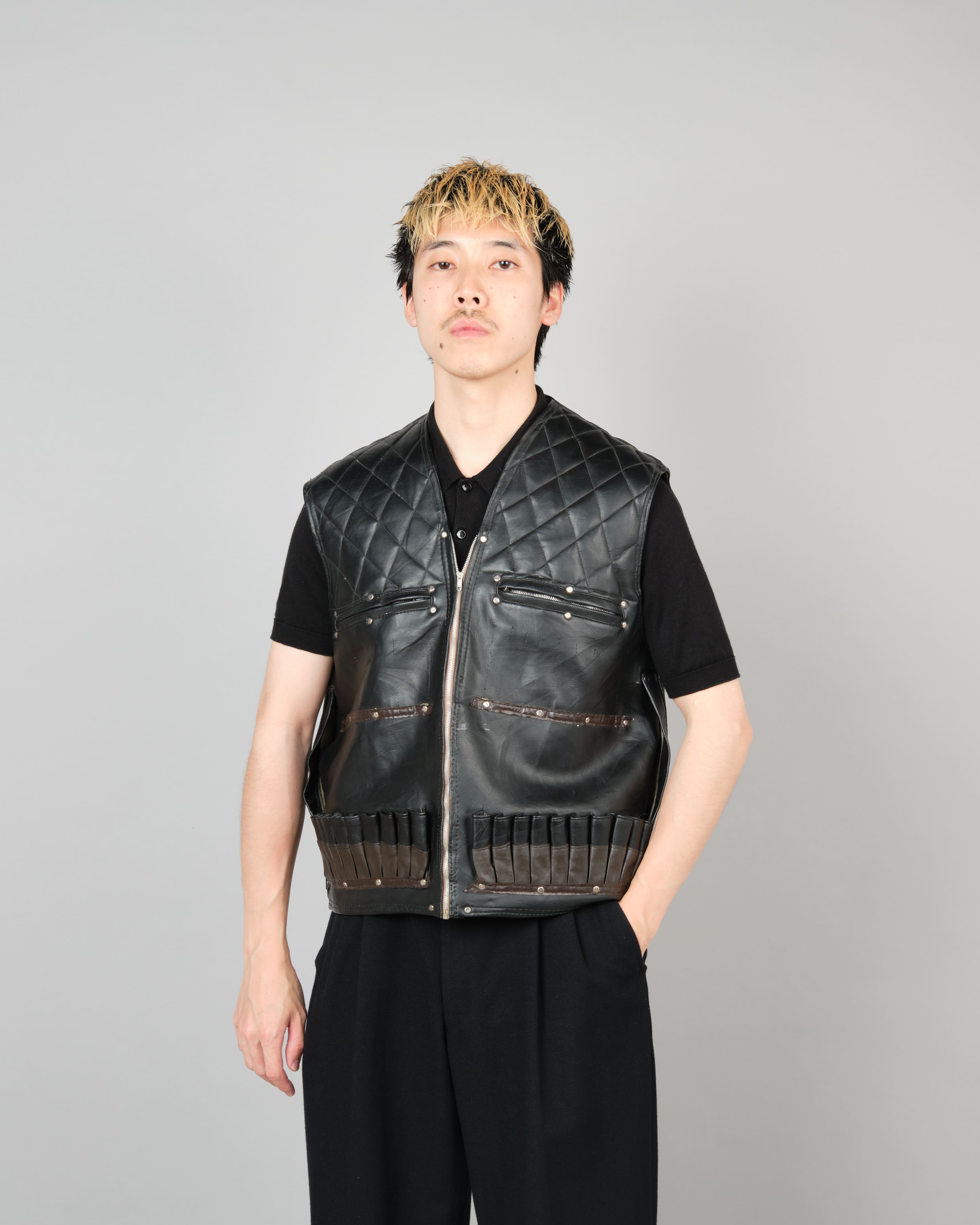 [~60's] Italian Vintage Black Leather Shooting Vest