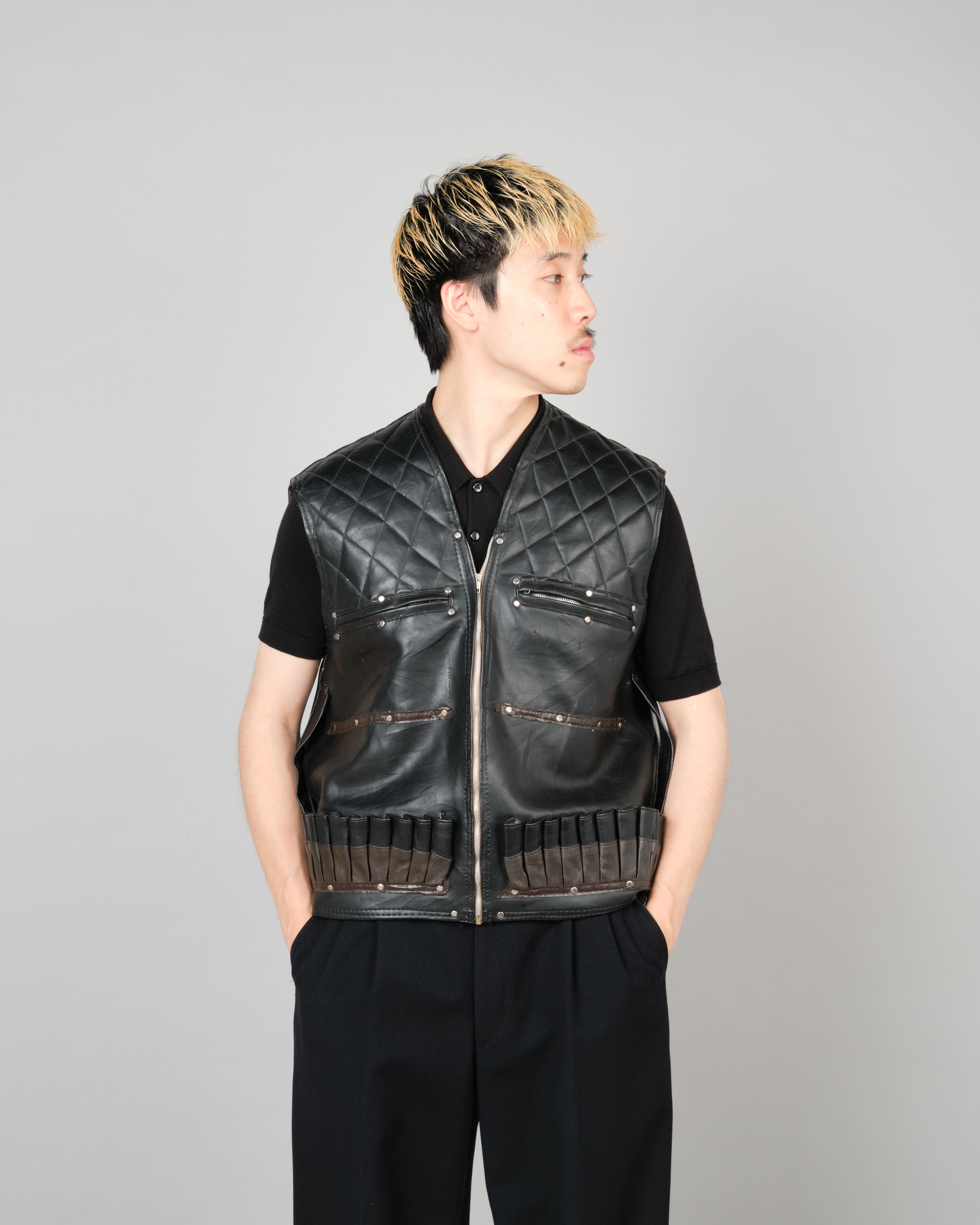 [~60's] Italian Vintage Black Leather Shooting Vest