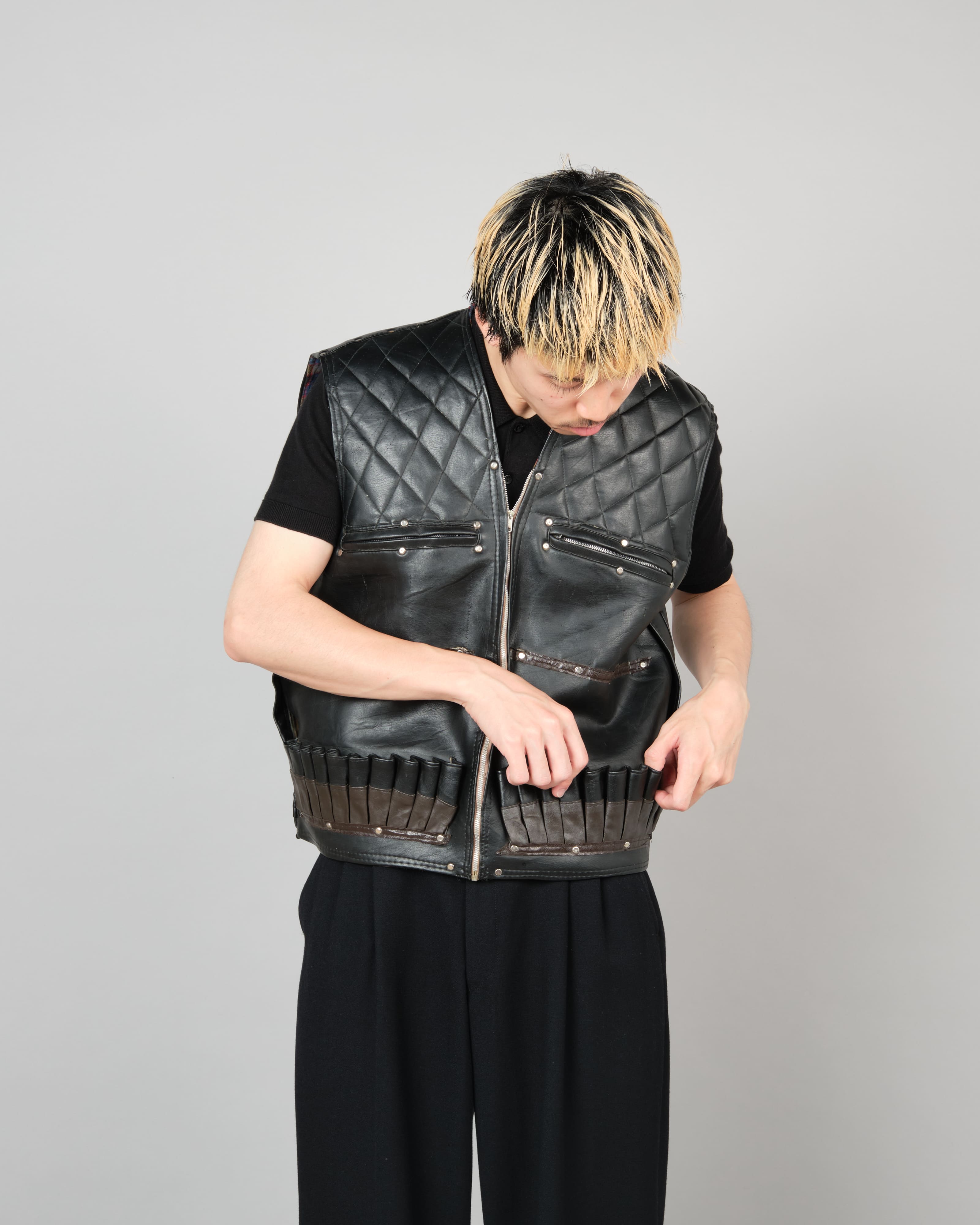 [~60's] Italian Vintage Black Leather Shooting Vest